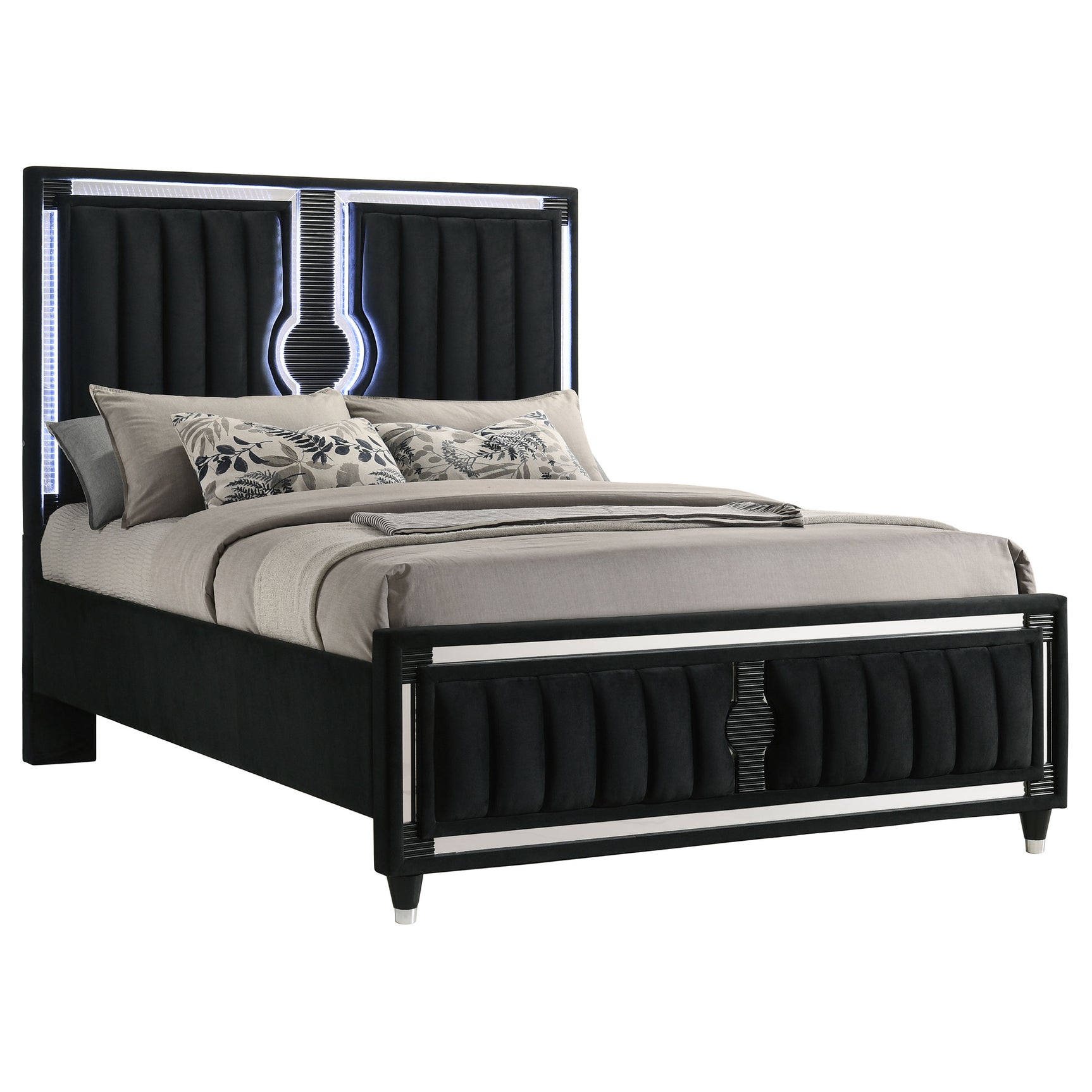 Ravenne Black Velvet Upholstered Queen LED Panel Bed - Ornate Home