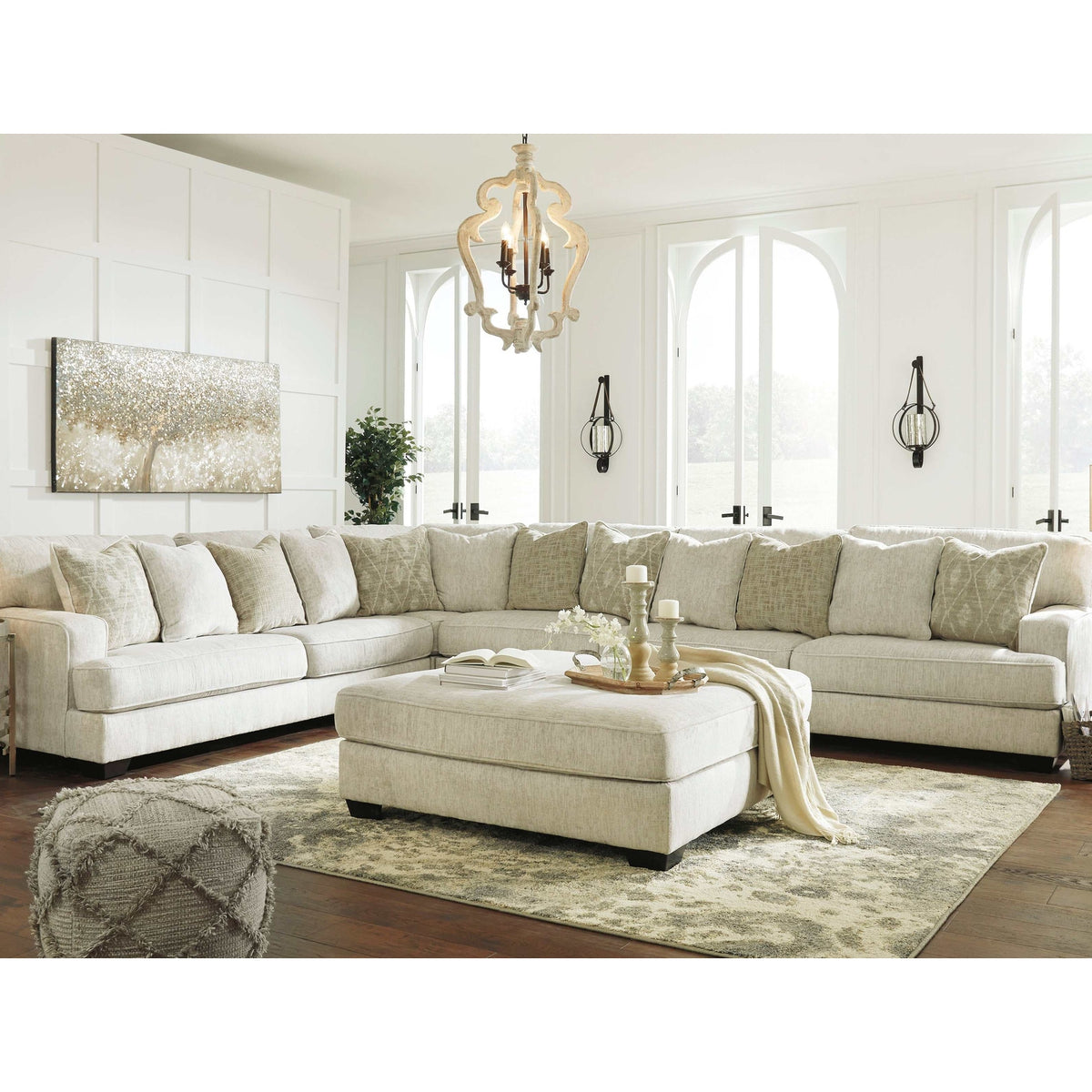 Ashley Furniture Rawcliffe Parchment 4pc Sectional Sofa w/ Ottoman ...
