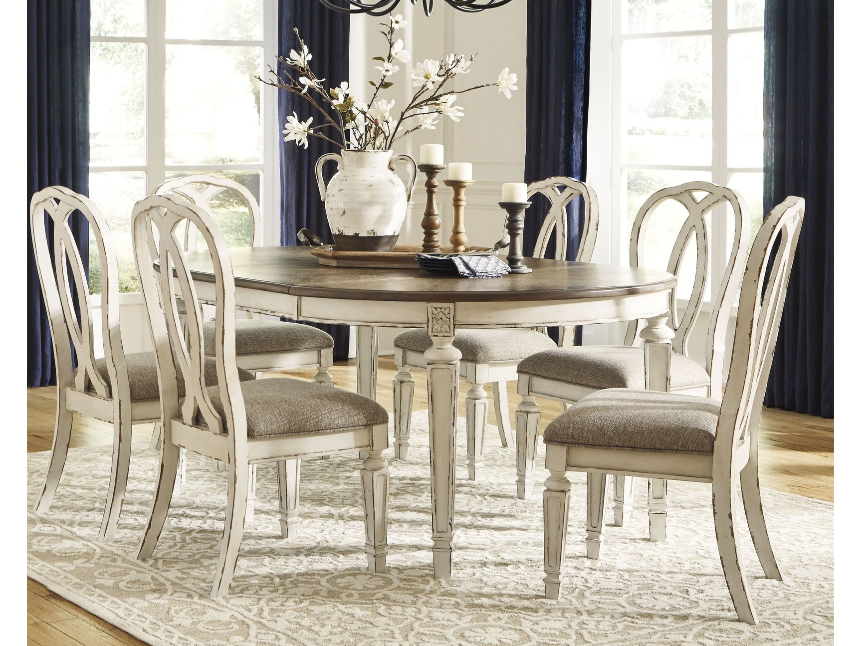 Realyn Chipped White Dining Table and 6 Chairs with Server - Ornate Home