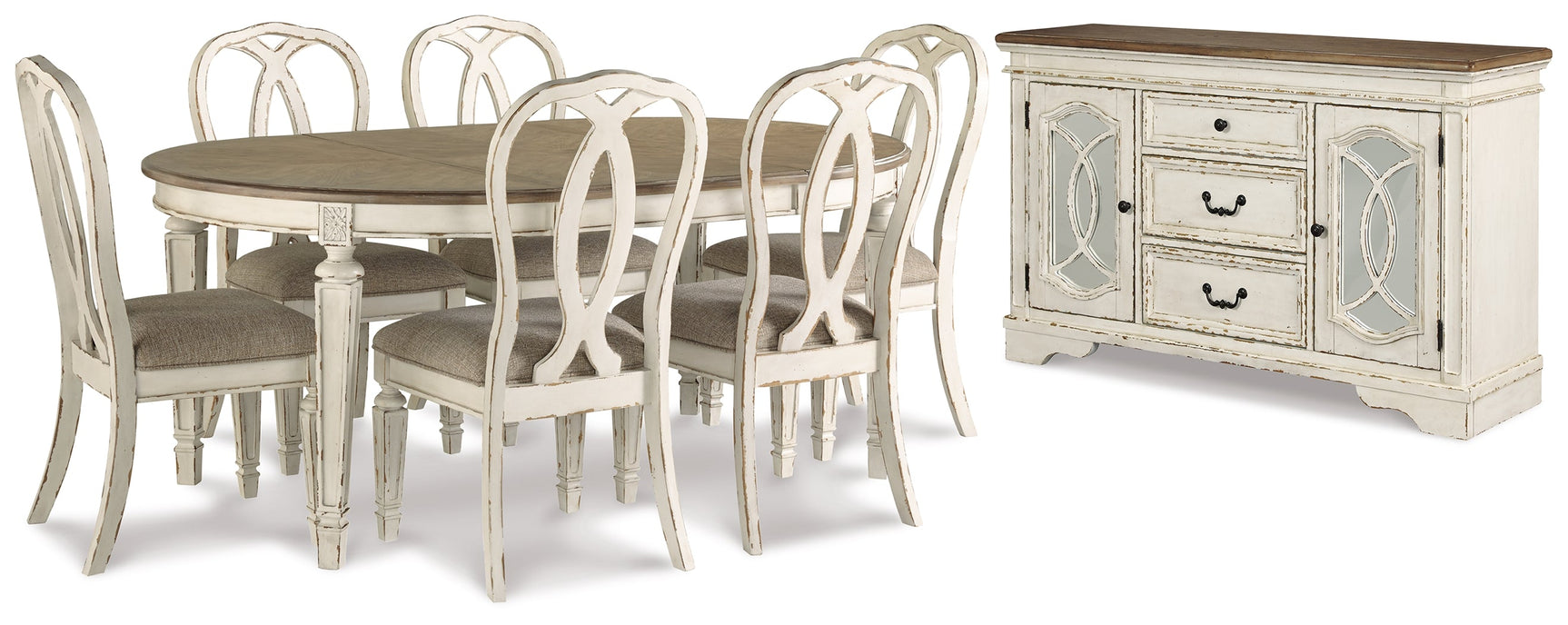 Realyn Chipped White Dining Table and 6 Chairs with Server - Ornate Home