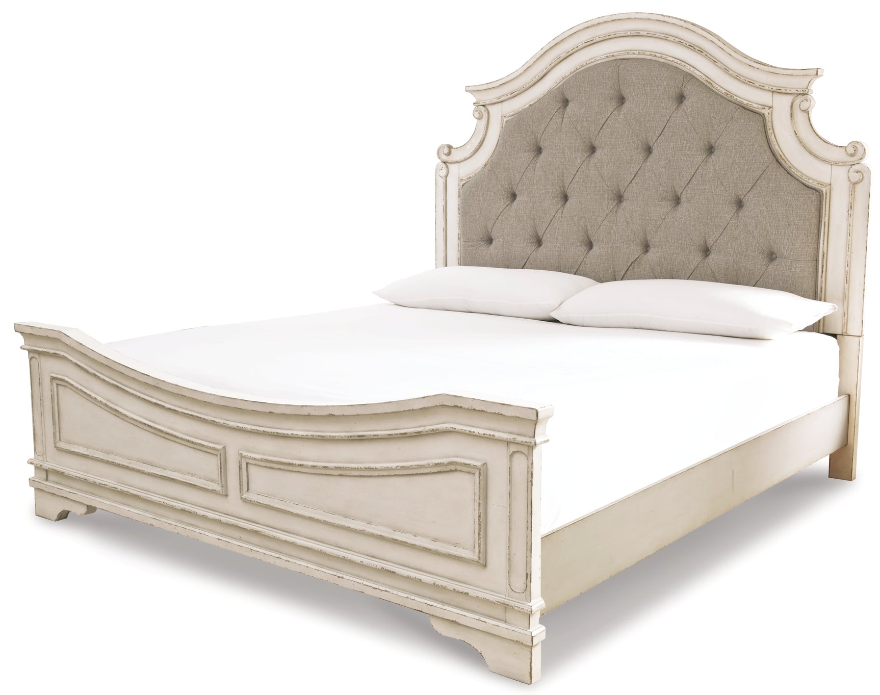 Realyn Chipped White King Bedroom Set with Mirrored Dresser and Nightstand - Ornate Home
