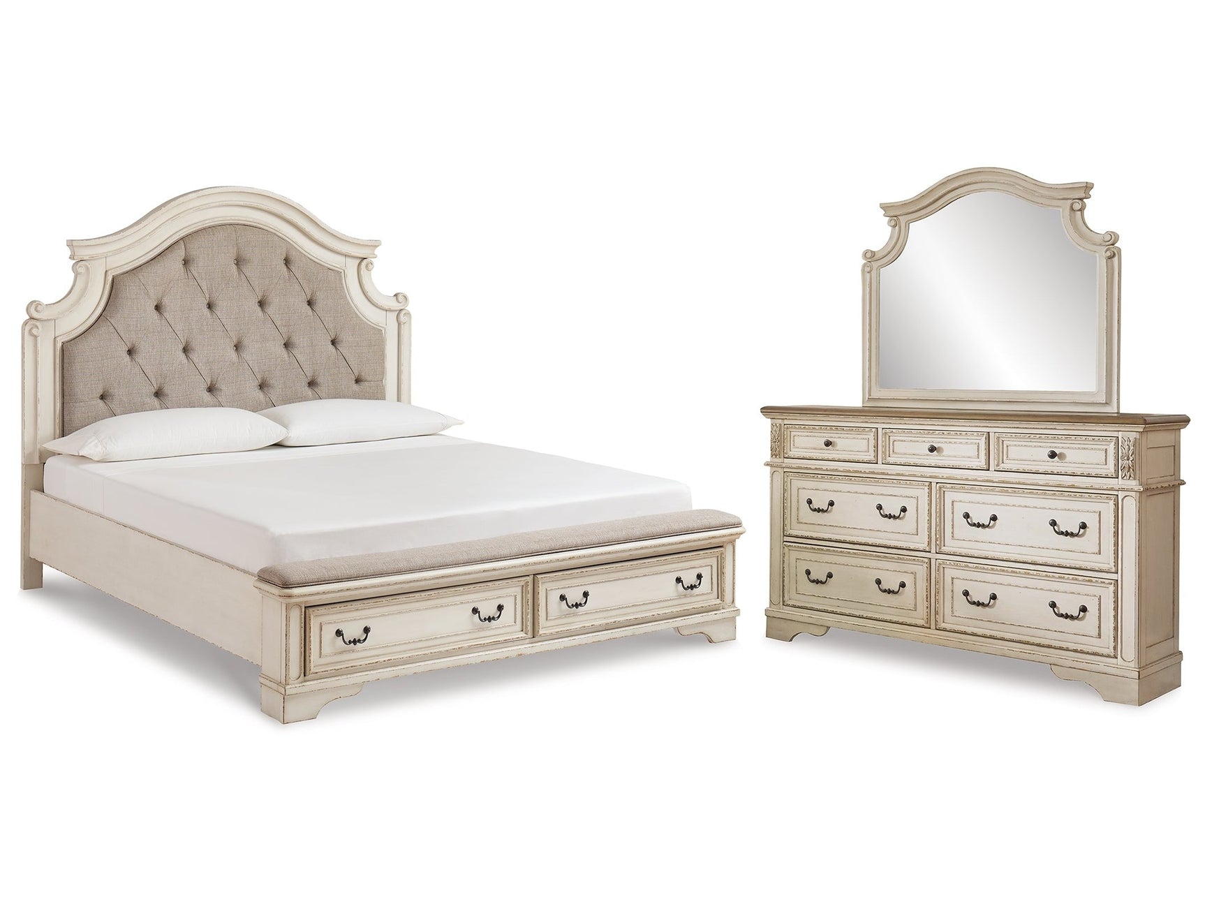Realyn Chipped White King Upholstered Bedroom Set with Dresser and Mirror - Ornate Home