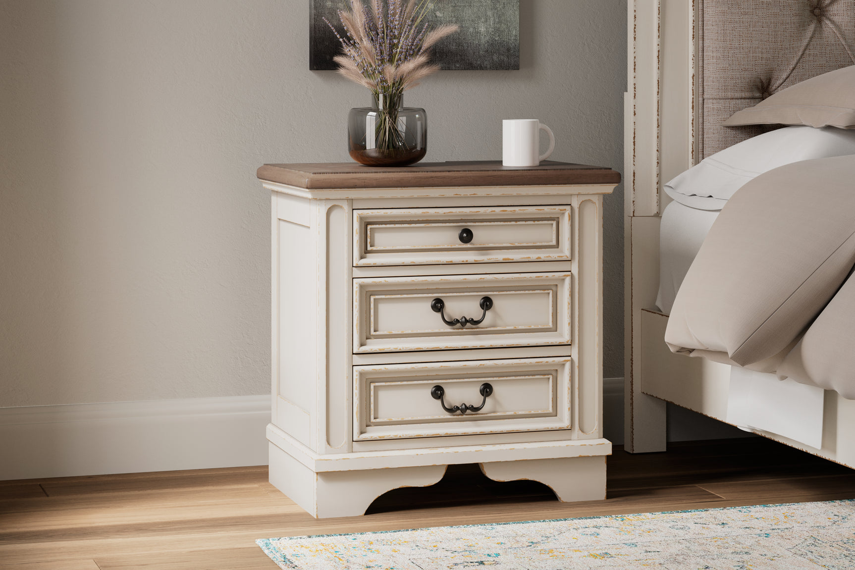 Realyn Chipped White King Upholstered Panel Bed, Chest and 2 Nightstands (Online Special Price) - Ornate Home
