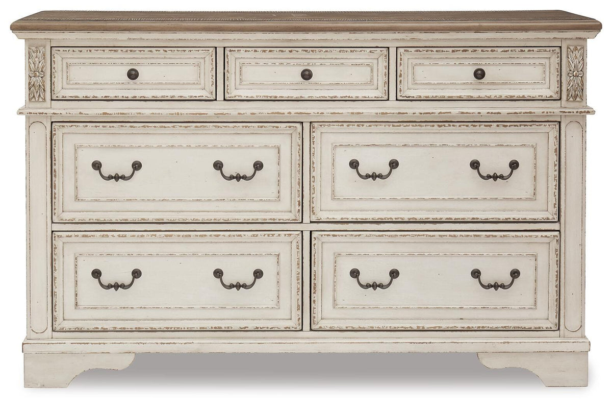 Realyn Chipped White King Upholstered Sleigh Bed, Dresser and Nightstand - Ornate Home