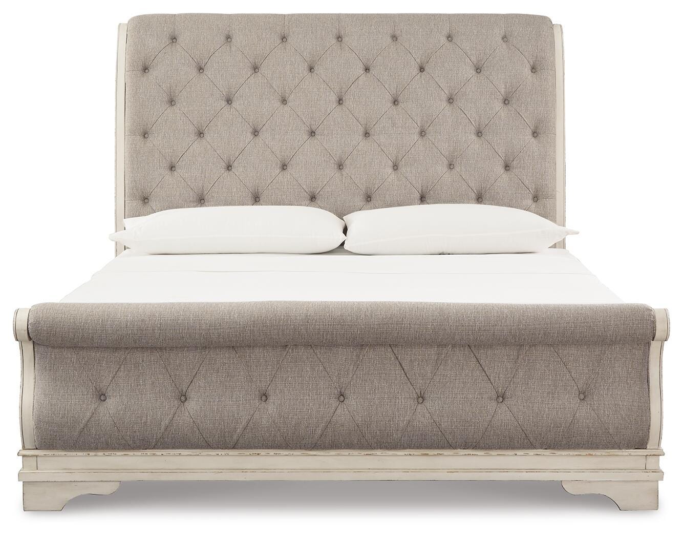 Realyn Chipped White King Upholstered Sleigh Bed, Dresser and Nightstand - Ornate Home