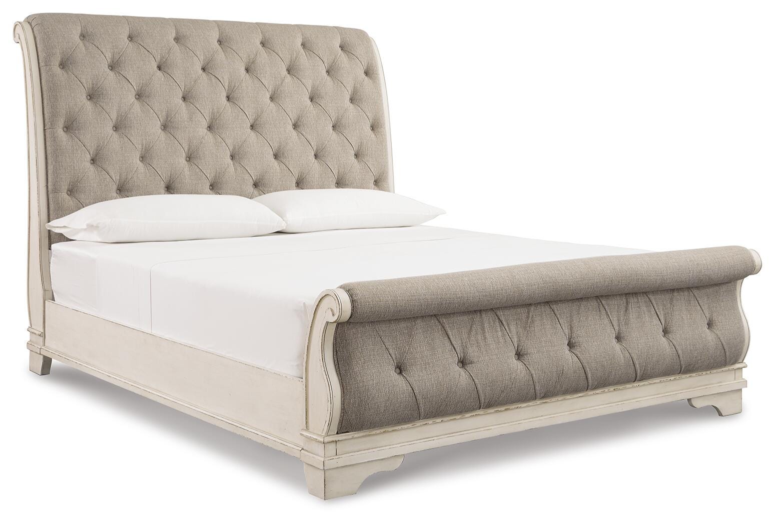 Realyn Chipped White King Upholstered Sleigh Bed, Dresser and Nightstand - Ornate Home