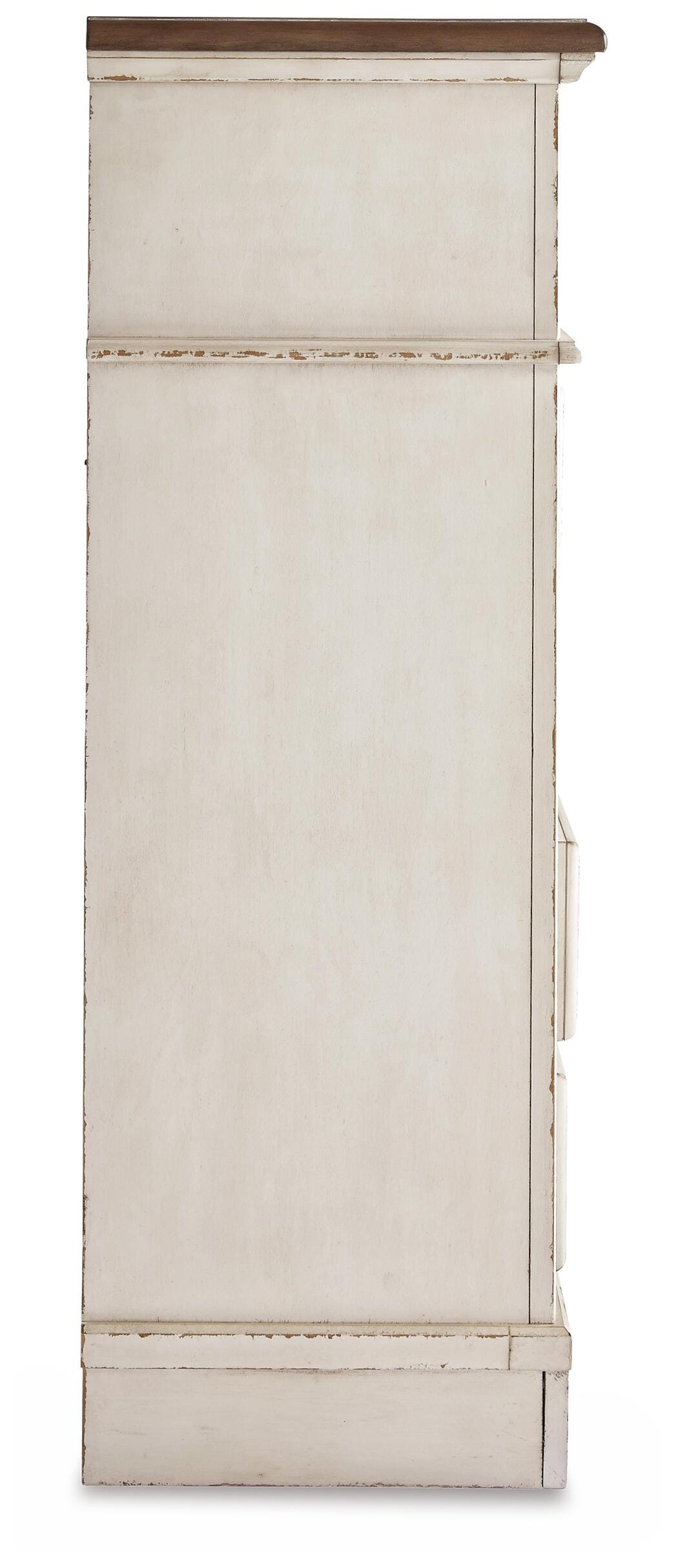 Realyn Two-tone/Chipped White Full Upholstered Panel Bed, Dresser, Mirror, Chest and Nightstand - Ornate Home