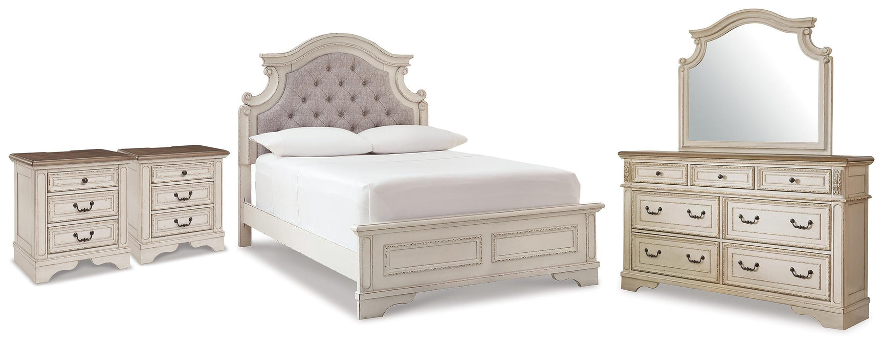 Realyn Two-tone/Chipped White Full Upholstered Panel Bed, Dresser, Mirror and 2 Nightstands - Ornate Home