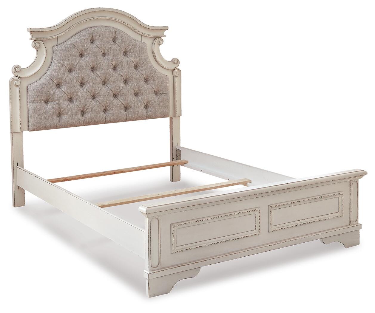 Realyn Two-tone/Chipped White Full Upholstered Panel Bed, Dresser, Mirror and 2 Nightstands - Ornate Home