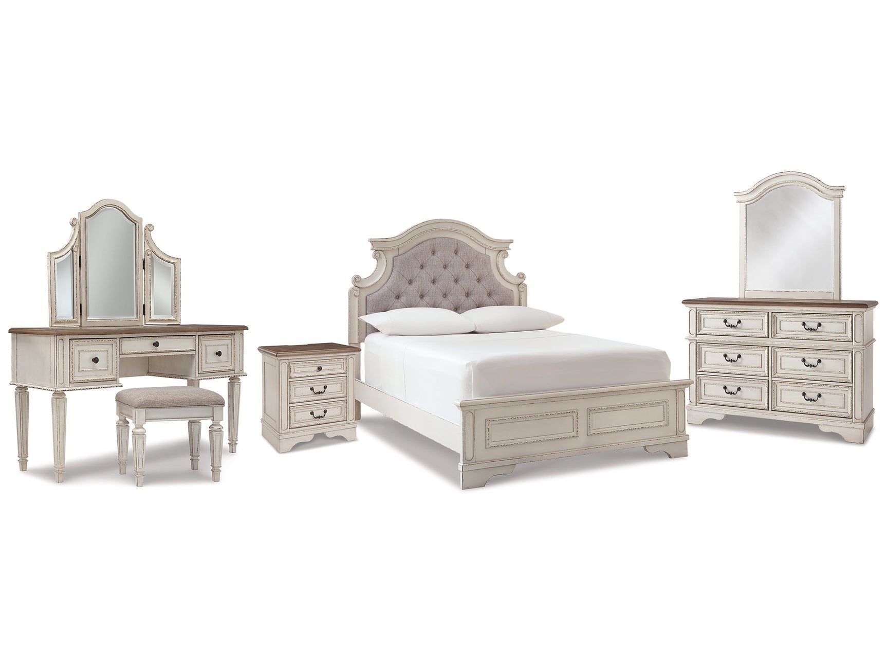 Realyn Two-tone Full Panel Bedroom Set with Dresser, Mirror, 3-Piece Vanity and Nightstand (Online Special Price) - Ornate Home