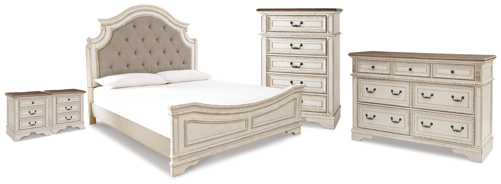 Realyn Two-tone King Panel Bed, Dresser, Chest and 2 Nightstands - Ornate Home
