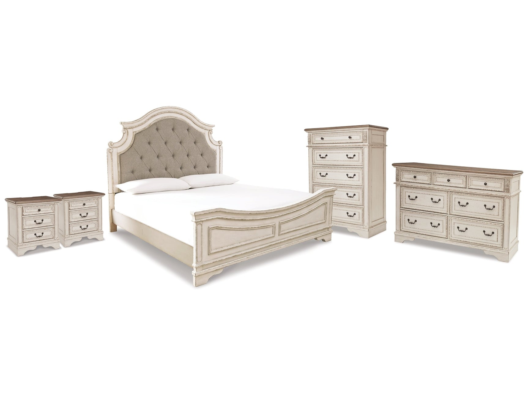 Realyn Two-tone King Panel Bedroom Set with Dresser, Chest and 2 Nightstands - Ornate Home