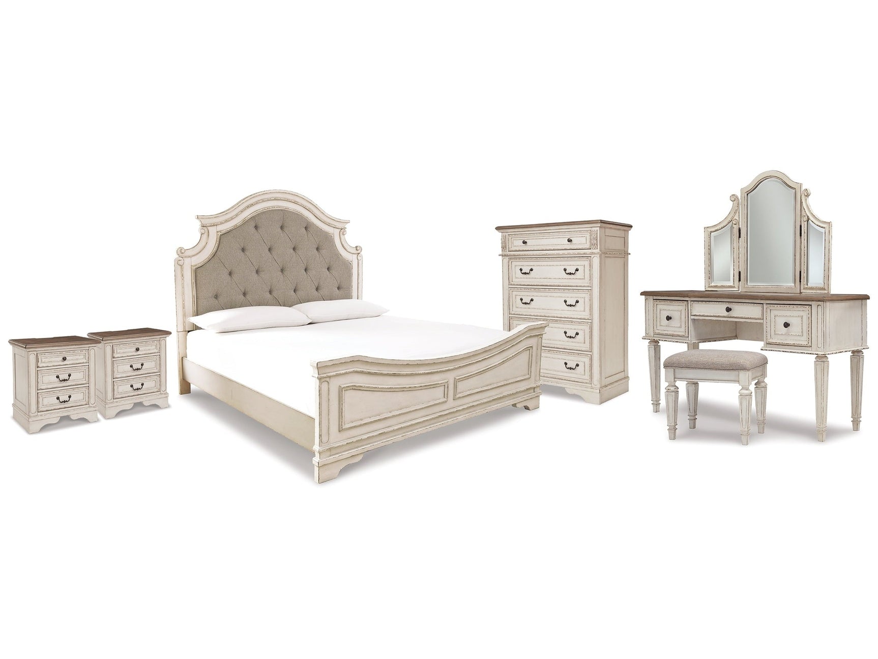 Realyn Two-tone King Panel Bedroom Set with Vanity, Chest and 2 Nightstands (Online Special Price) - Ornate Home