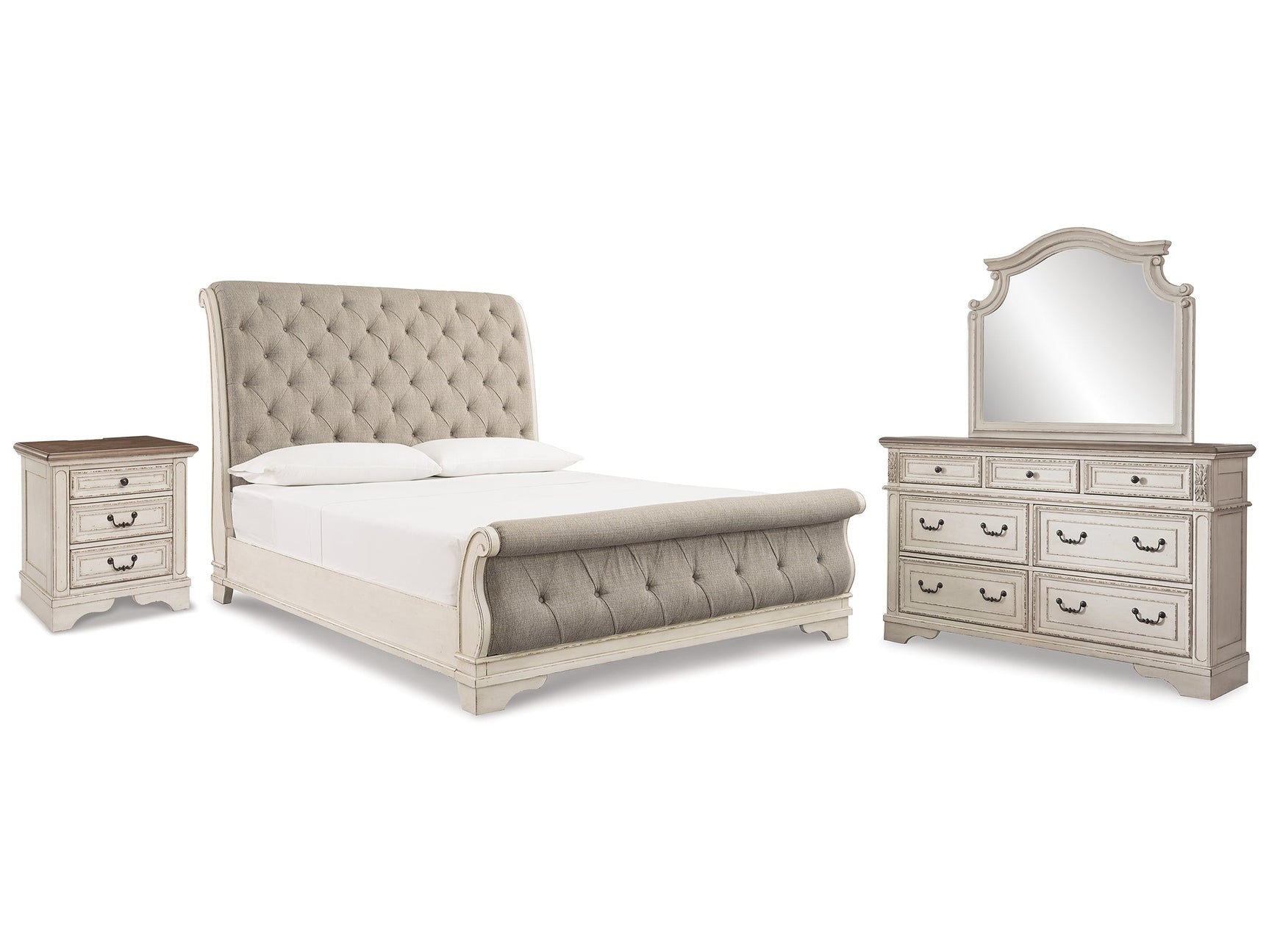 Realyn Two-tone King Sleigh Bedroom Set with Dresser Mirror and Nightstand - Ornate Home