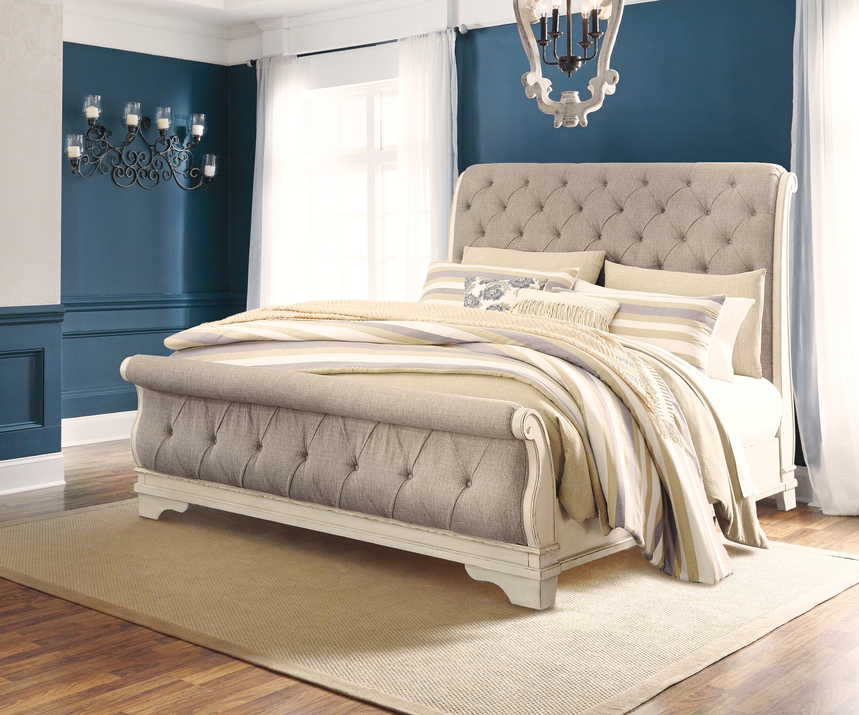 Realyn Two-tone King Sleigh Bedroom Set with Dresser Mirror and Nightstand - Ornate Home