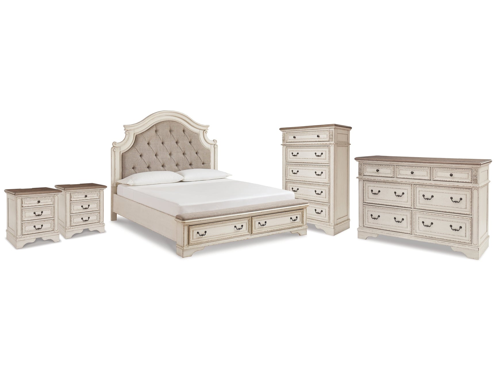 Realyn Two-tone King Storage Bedroom Set with Dresser, Chest and 2 Nightstands - Ornate Home