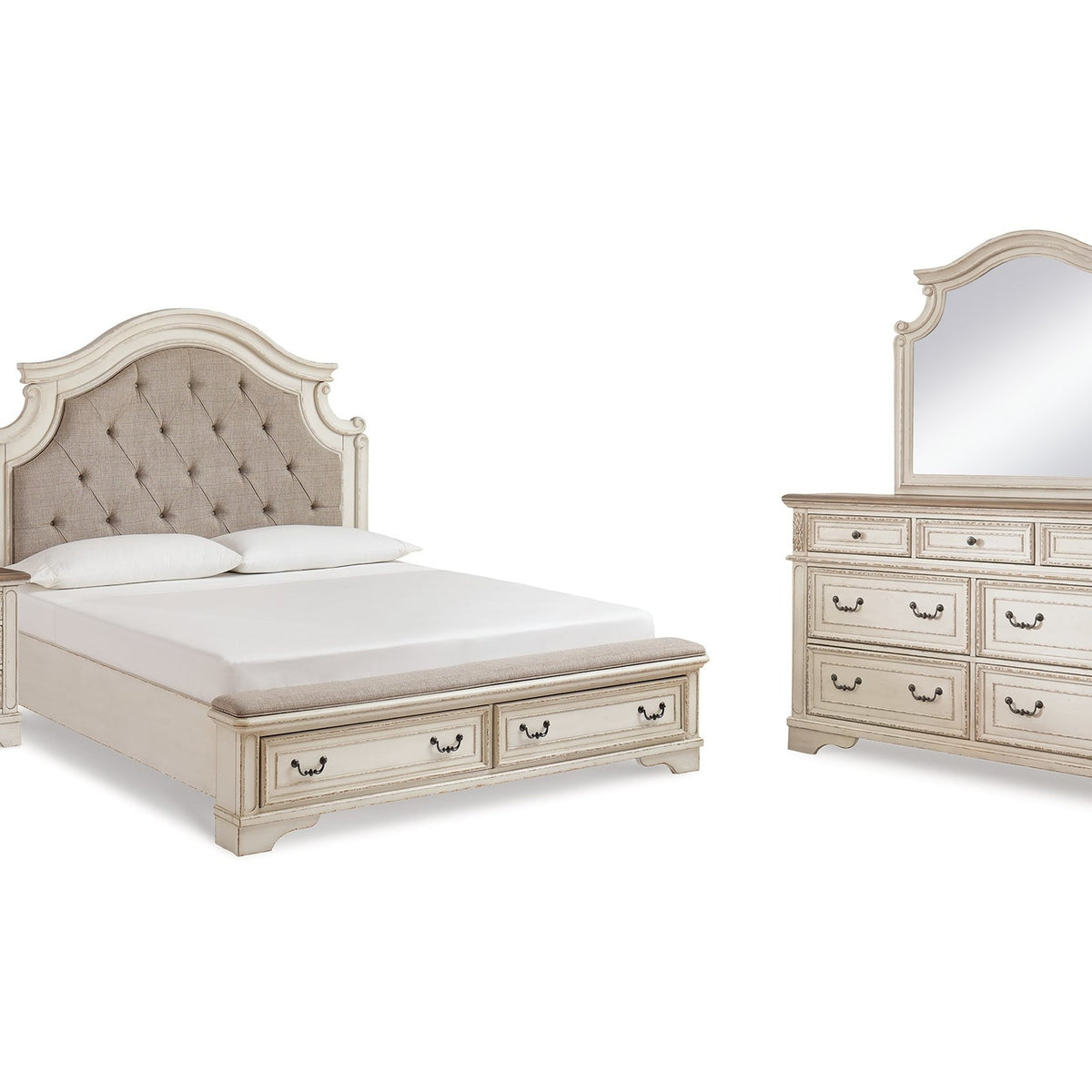 Ashley Furniture Realyn Two-tone King Upholstered Panel Bedroom Set with Dresser, Mirror and Nightstand (Online Special Price)
