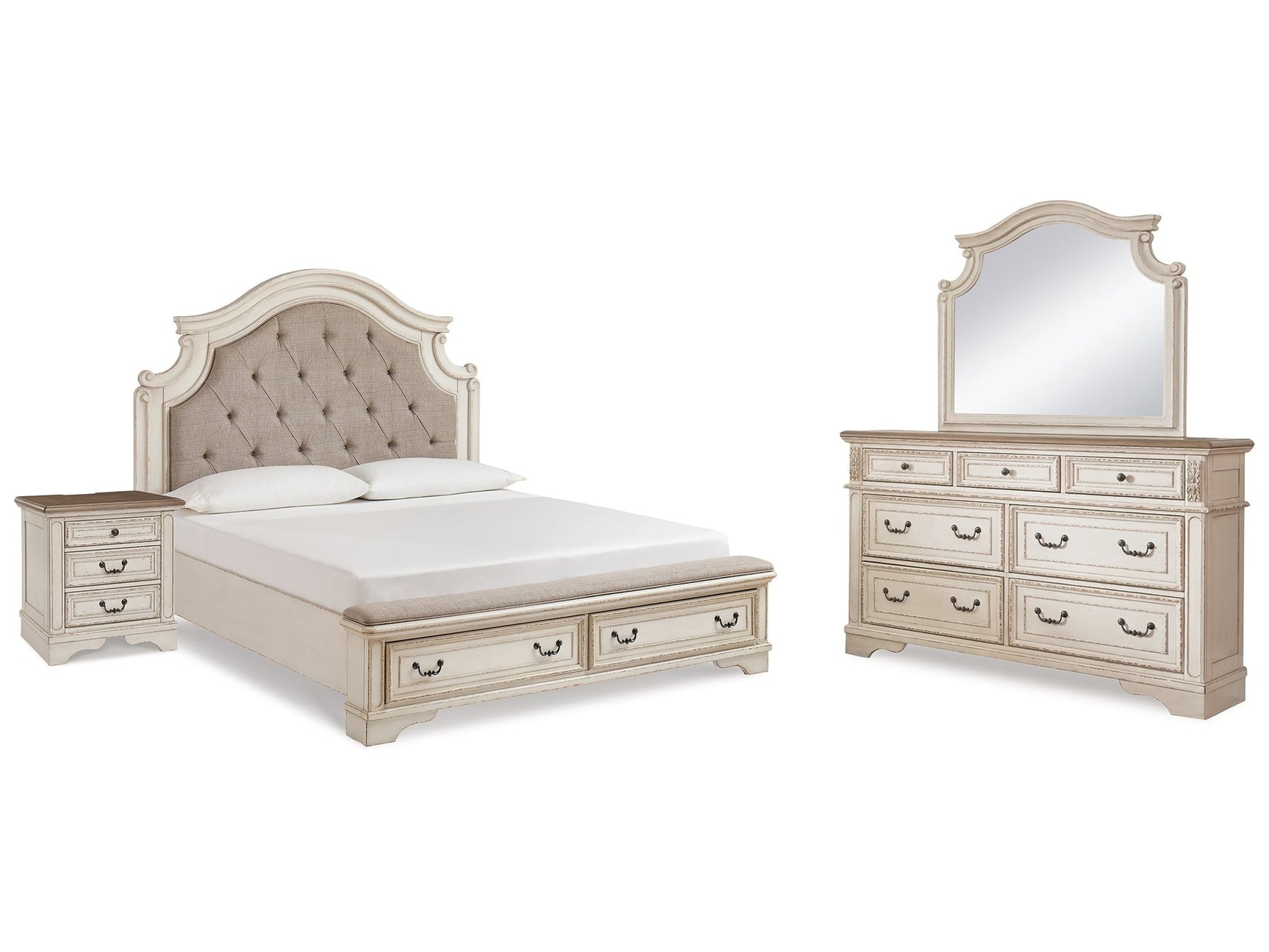 Realyn Two-tone King Upholstered Panel Bedroom Set with Dresser, Mirror and Nightstand - Ornate Home