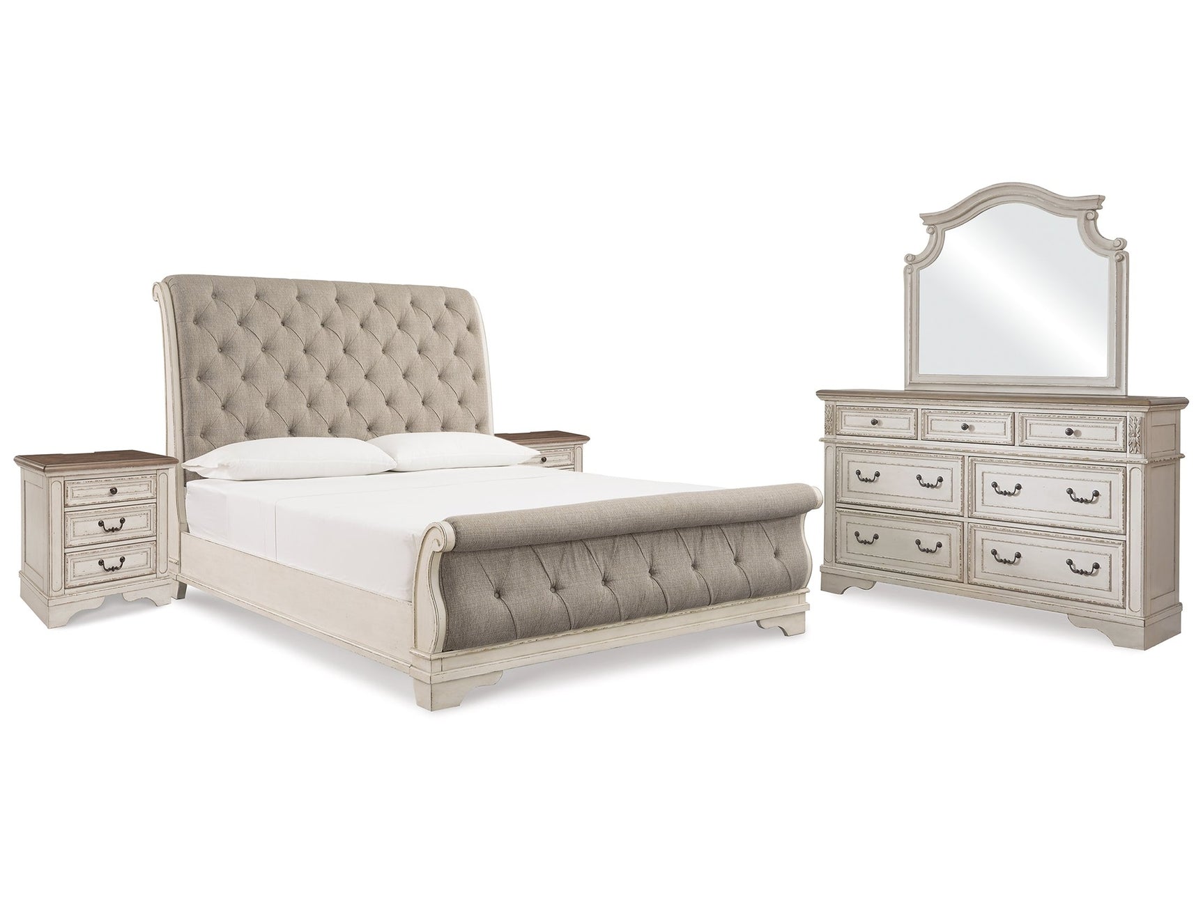 Realyn Two-tone King Upholstered Sleigh Bedroom Set with Dresser, Mirror and 2 Nightstands - Ornate Home