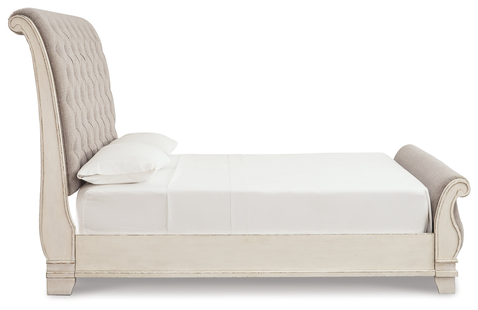 Realyn Two-tone King Upholstered Sleigh Bedroom Set with Dresser, Mirror and 2 Nightstands - Ornate Home