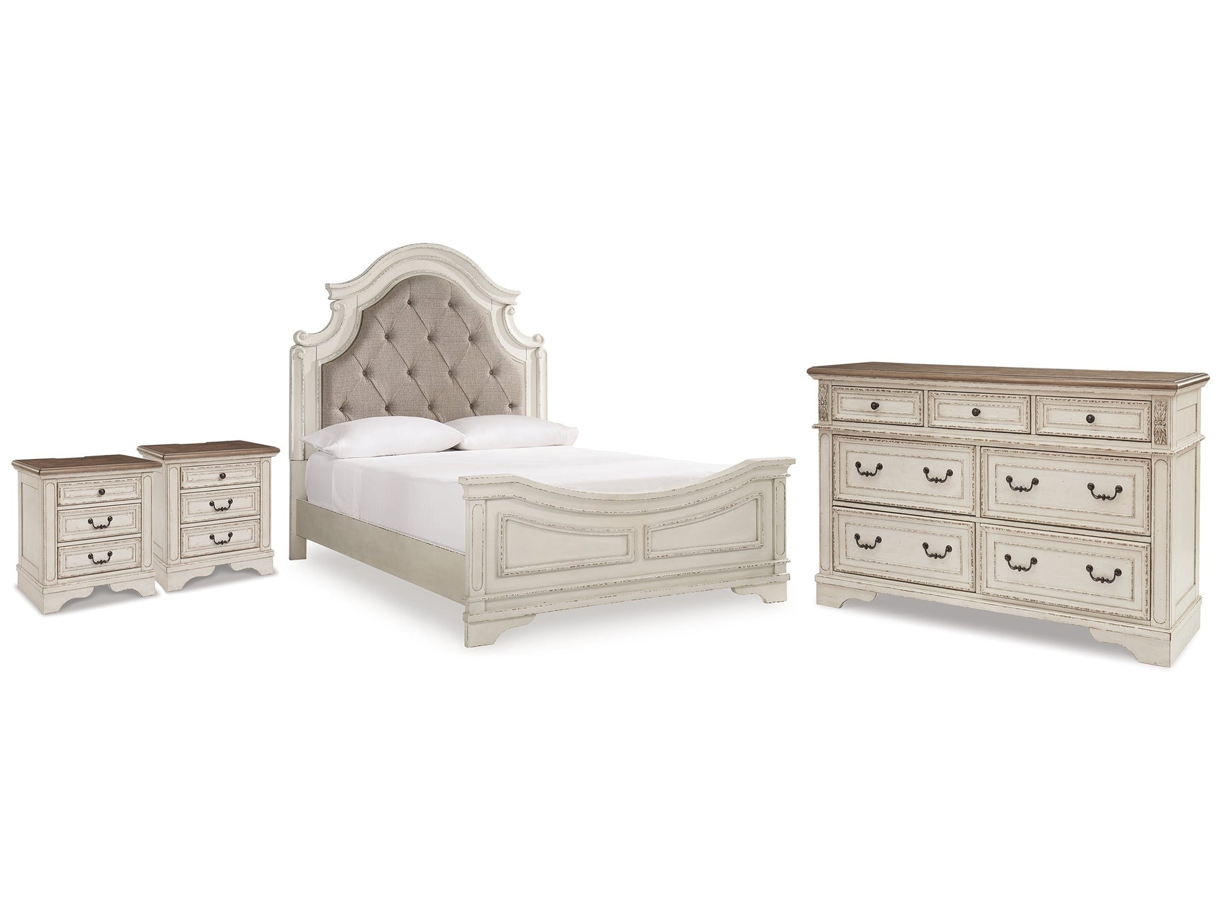 Realyn Two-tone Queen Upholstered Panel Bedroom Set with Dresser and 2 Nightstands - Ornate Home