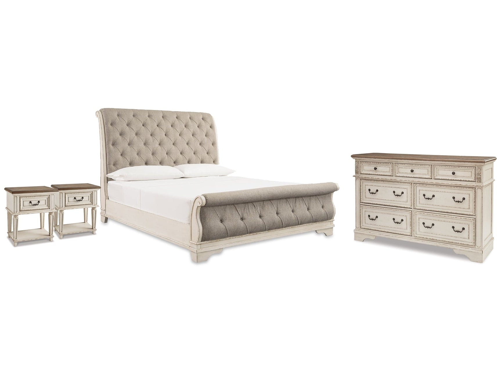 Realyn Two-tone Queen Upholstered Sleigh Bedroom Set with Dresser and 2 Nightstands (Online Special Price) - Ornate Home