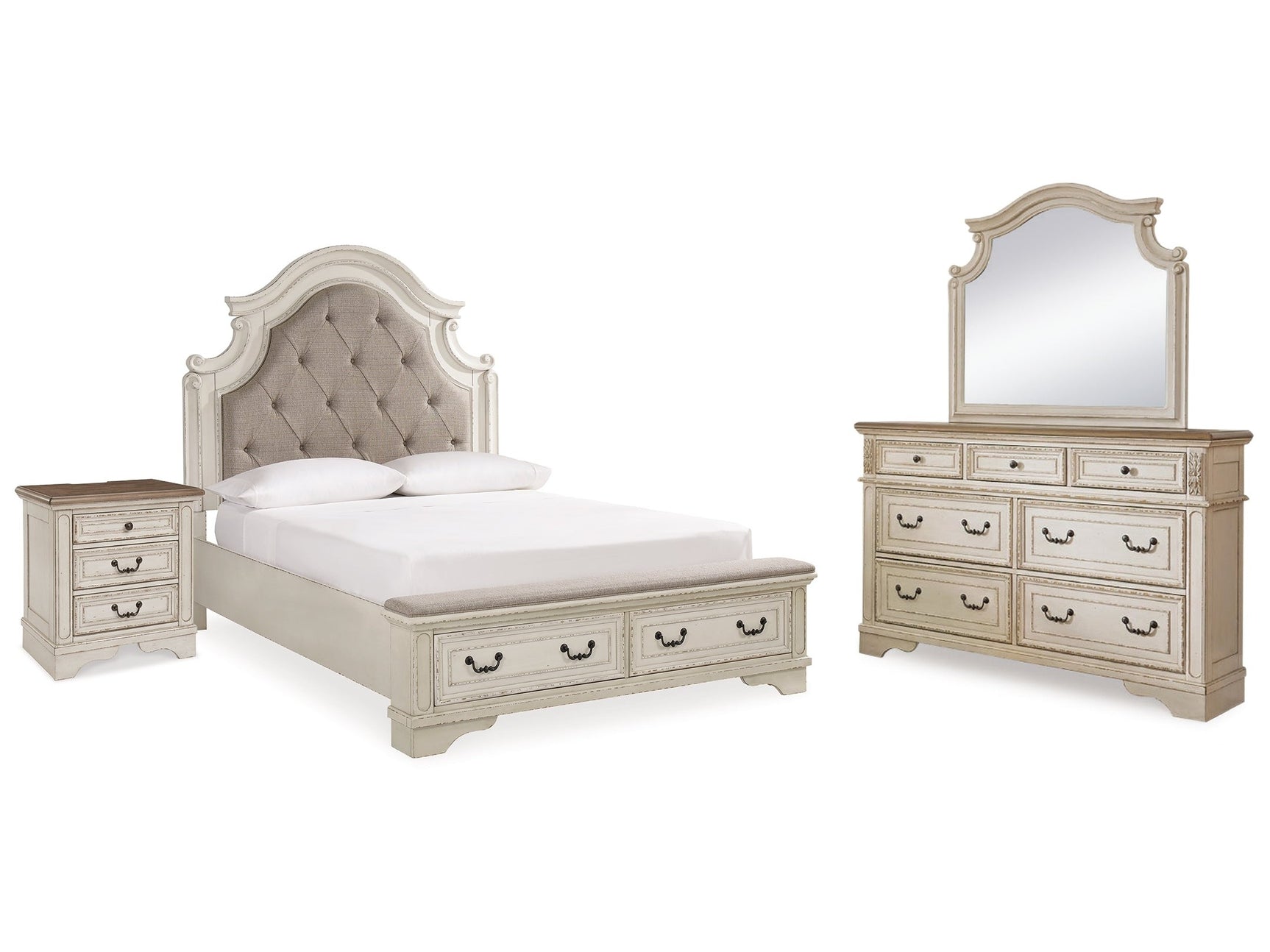 Realyn Two-tone Queen Upholstery Panel Bedroom Set with Dresser, Mirror and Nightstand - Ornate Home