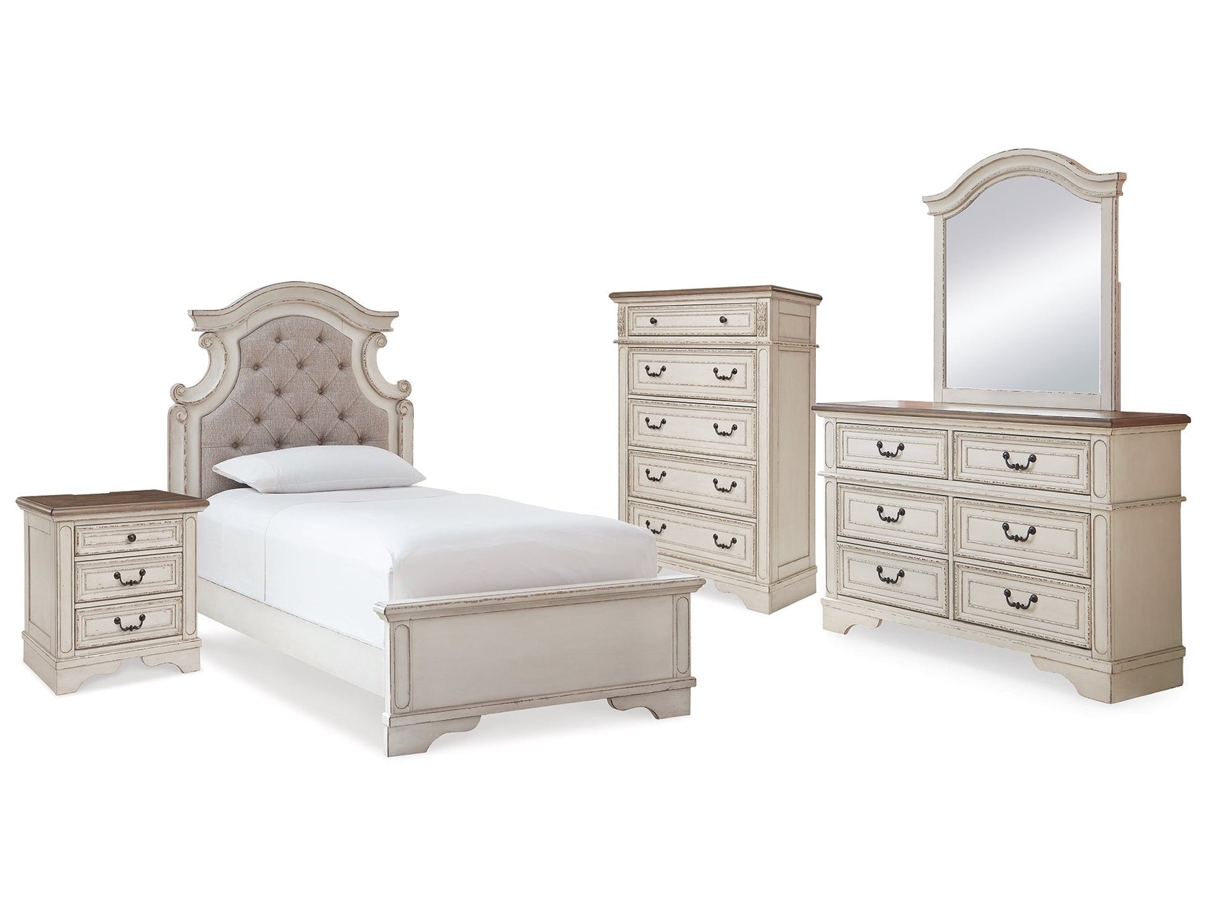 Realyn Two-tone Twin Panel Bedroom Set with Dresser, Mirror, Chest and Nightstand - Ornate Home
