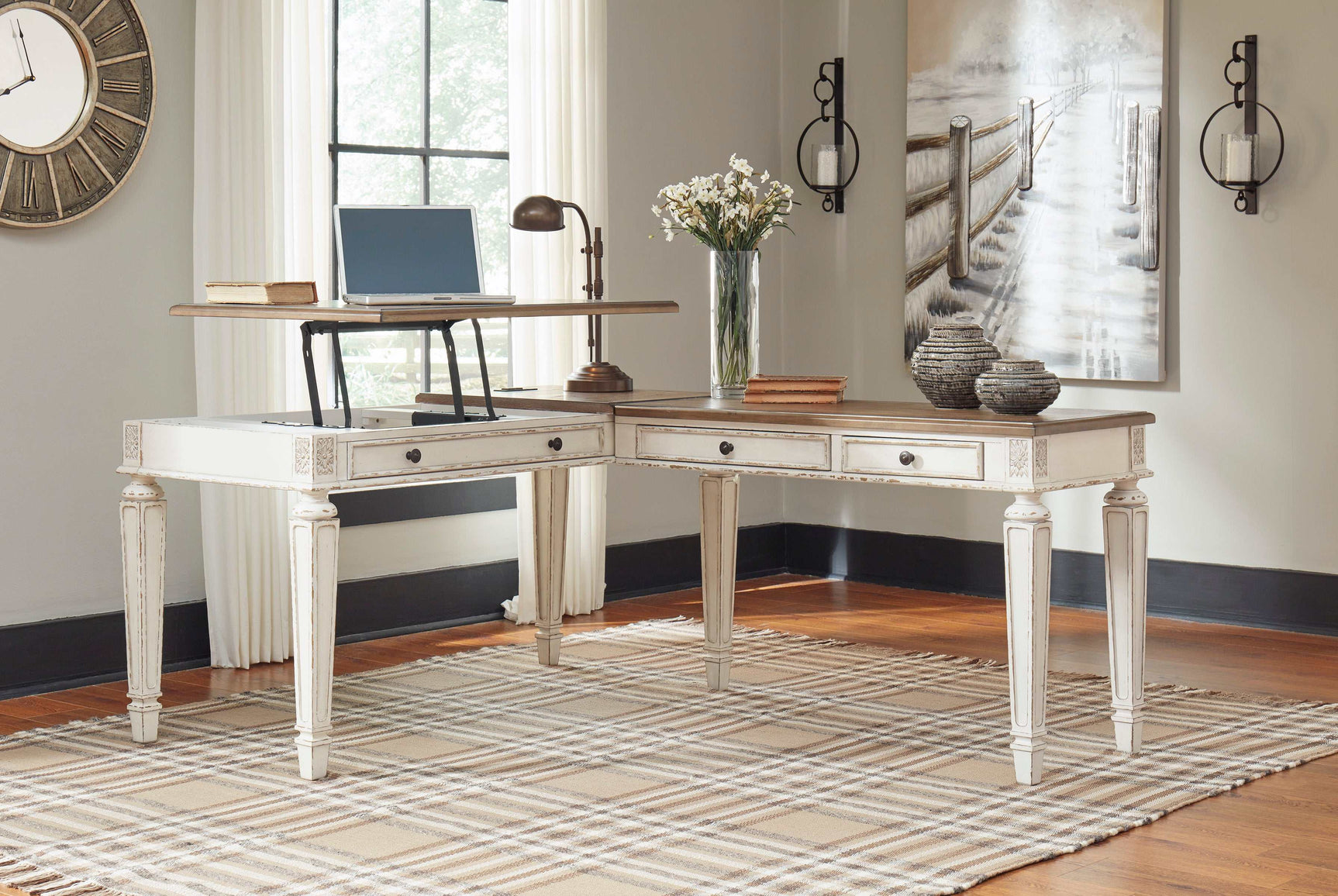 Realyn White/Brown 2pc Home Office L-Shaped Lift Top Desk - Ornate Home