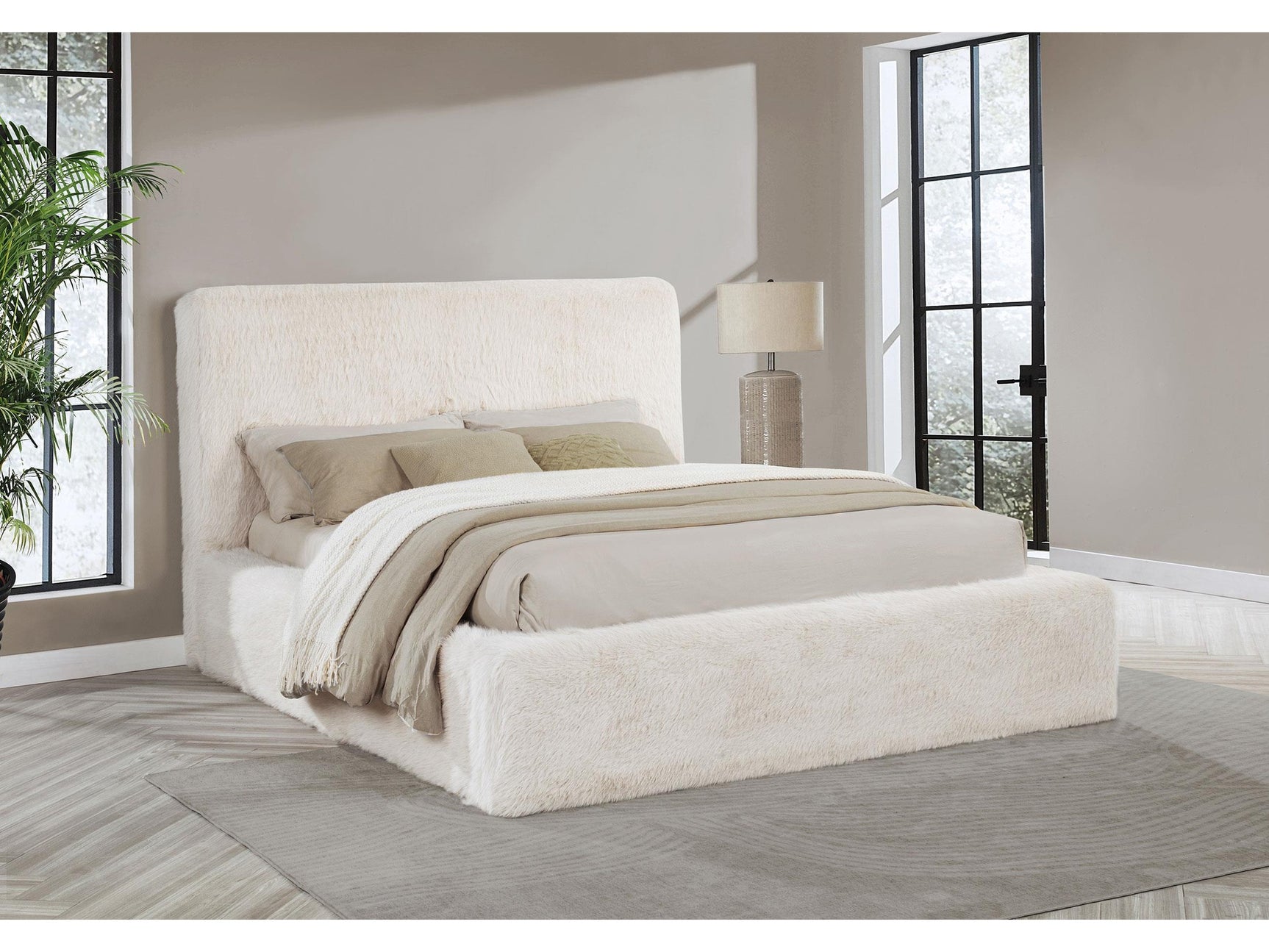 Rebecca Cream Faux Fur Upholstered Queen Bed - Ornate Home