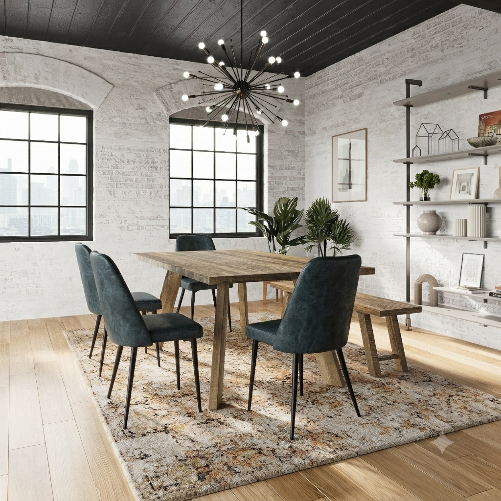 Reclamation Blueberry/Brown Dining Table w/ 4 Maddox Chairs, Bench - Ornate Home