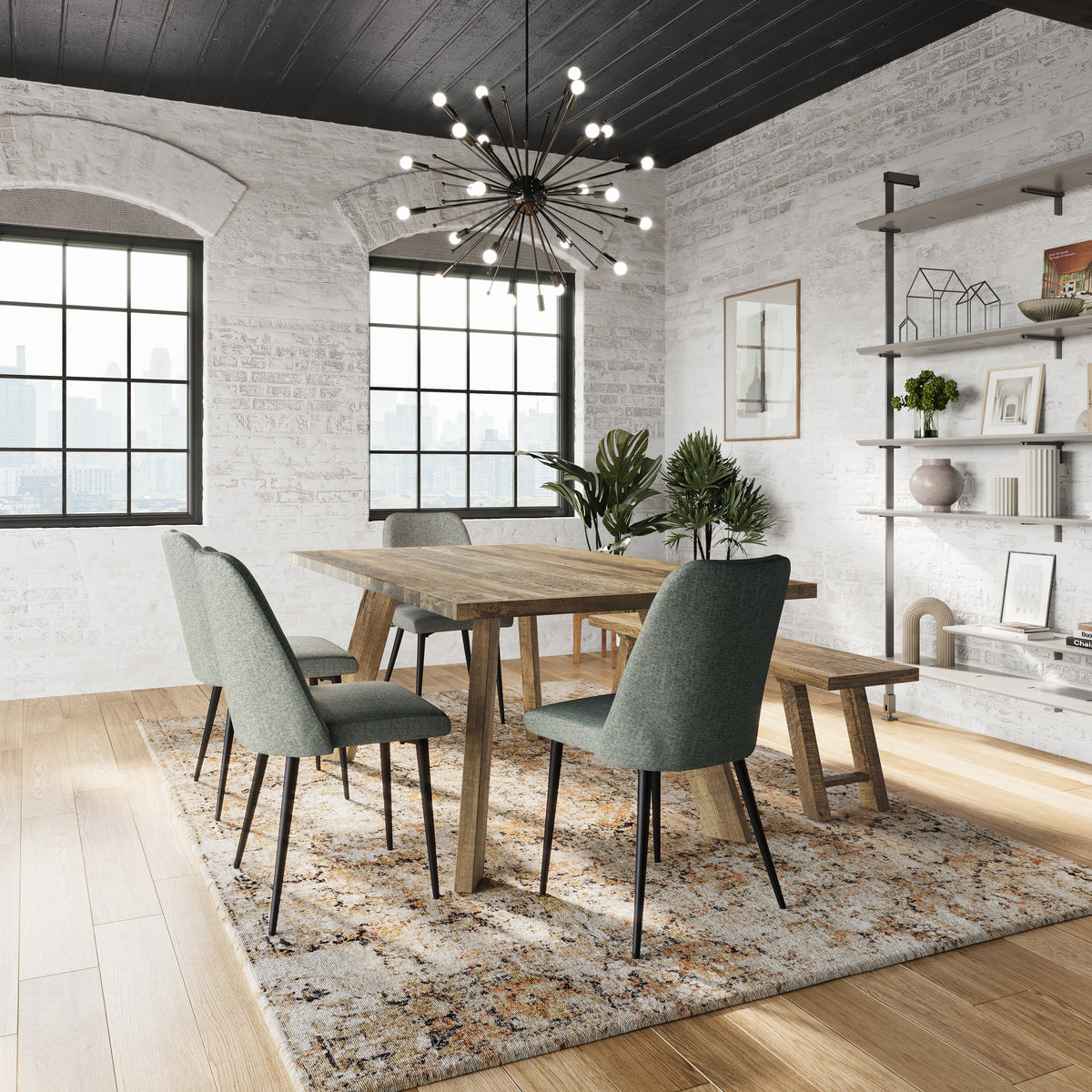 Reclamation Brown/Blue Dining Table w/ 4 Macey Chairs, Bench - Ornate Home