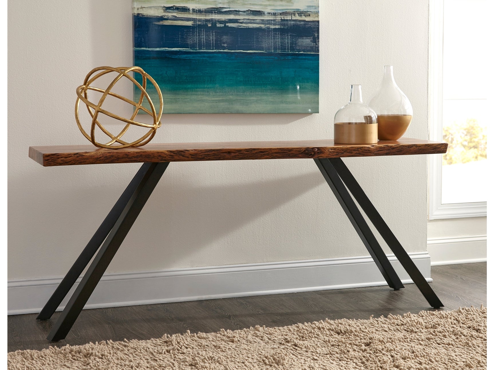 Reese Natural Acacia Live Edge Solid Wood Metal Leg Console Table - Ornate Home