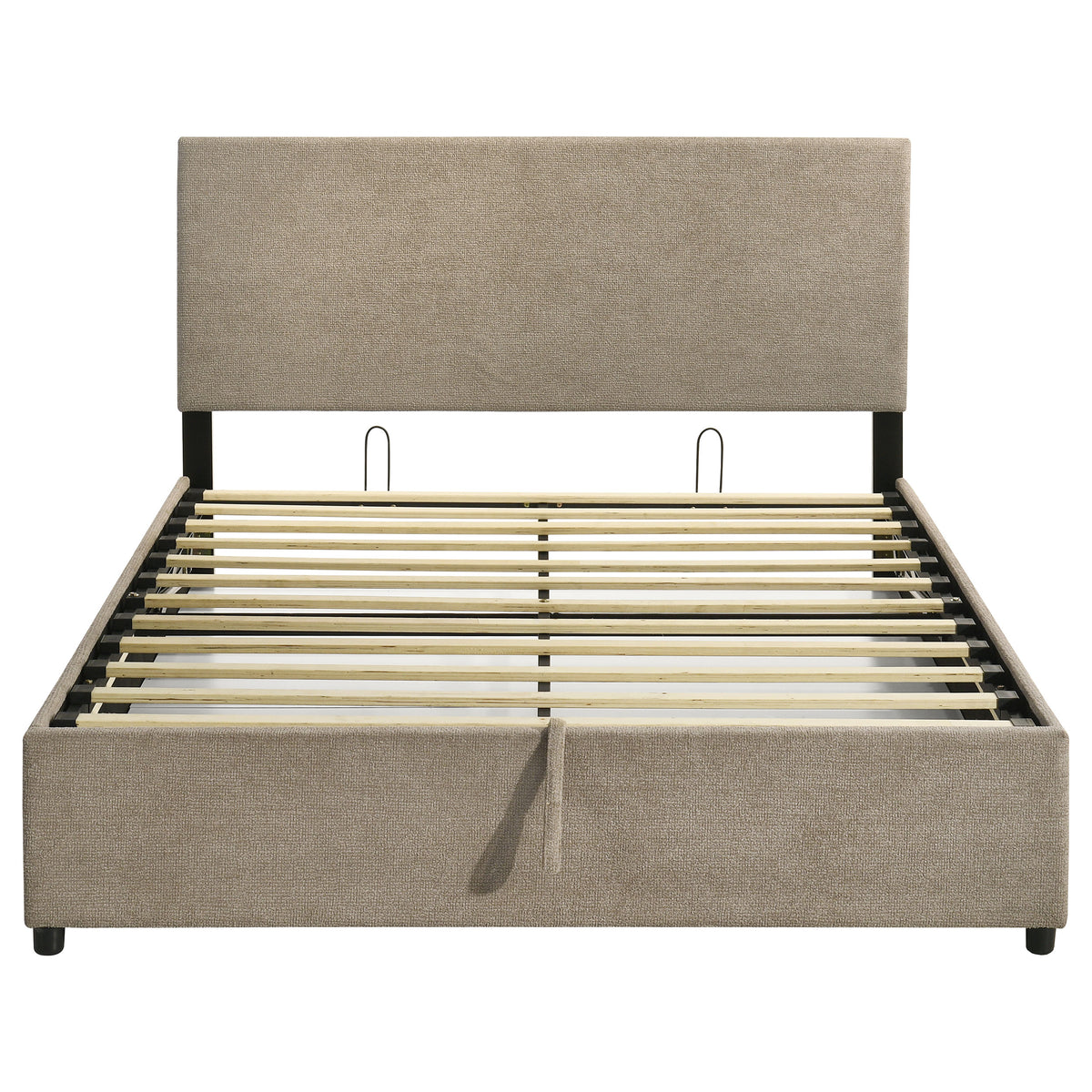 Reeves Tan Upholstered Eastern King Lift-top Storage Platform Bed - Ornate Home