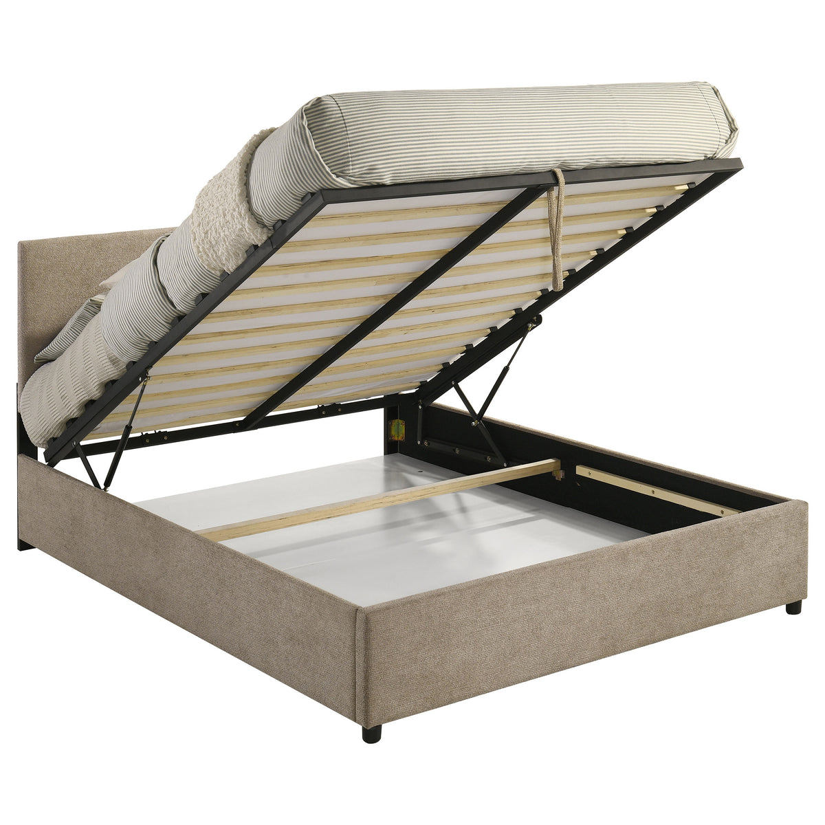 Reeves Tan Upholstered Queen Lift-top Storage Platform Bed - Ornate Home
