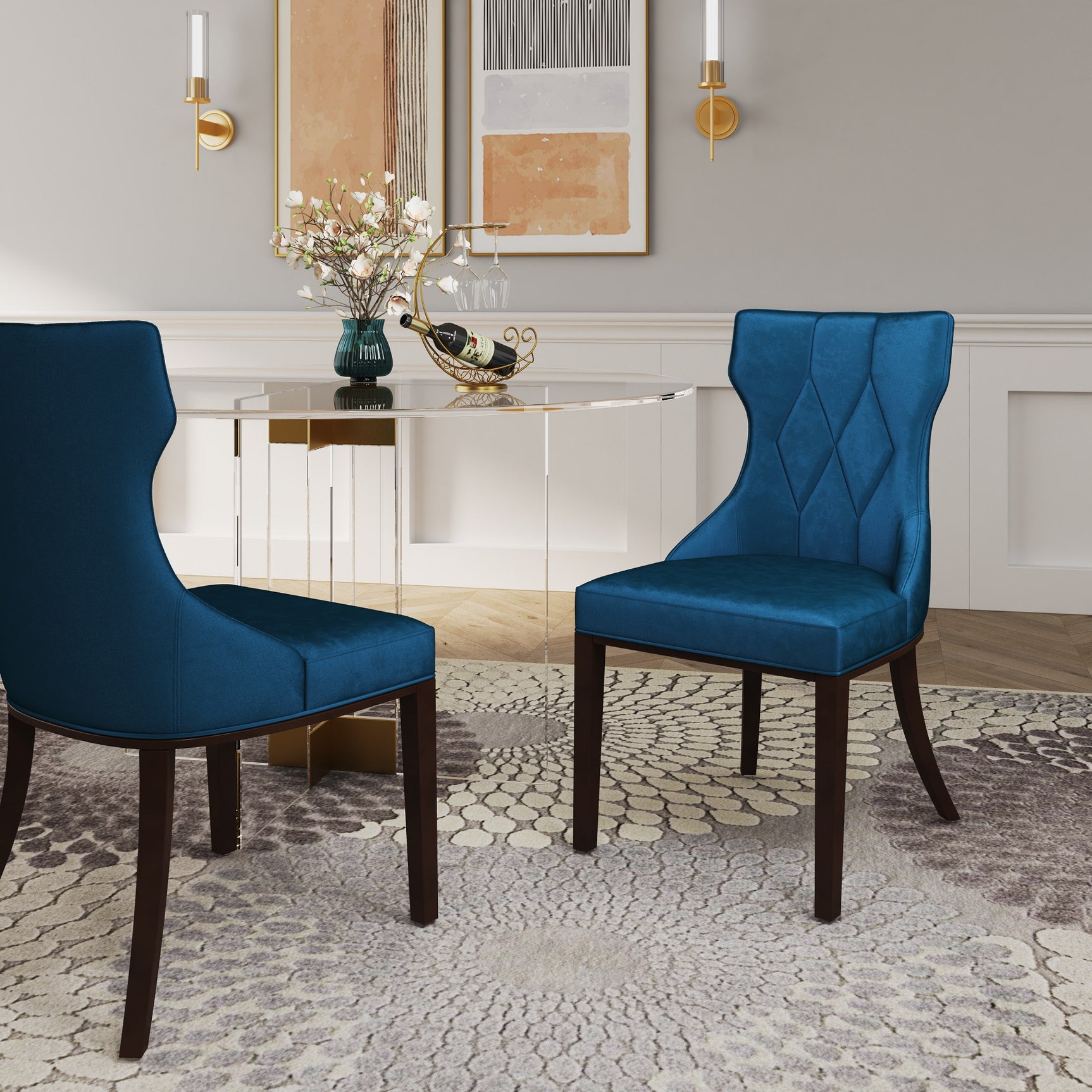 Reine Velvet Dining Chair (Set of Two) in Cobalt Blue and Walnut - Ornate Home