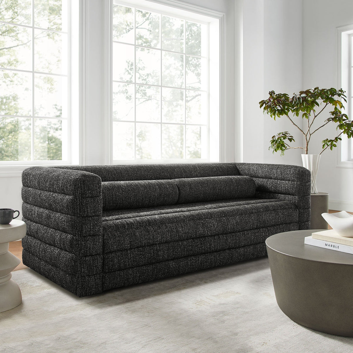 Relle Charcoal Channel Tufted Boucle Upholstered Sofa - Ornate Home