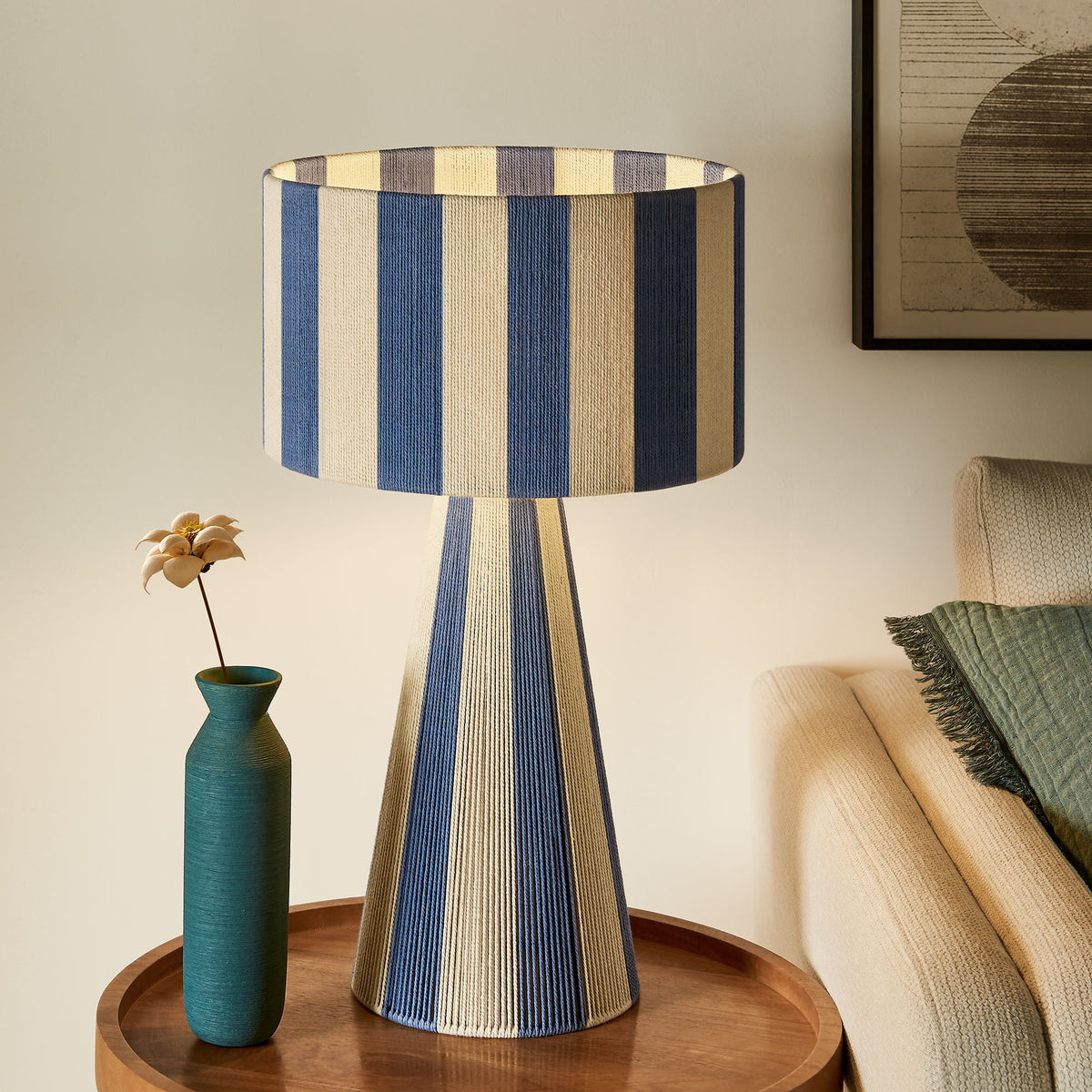 Renae Capri Blue Handwoven Cotton Thread Striped Table Lamp - Ornate Home