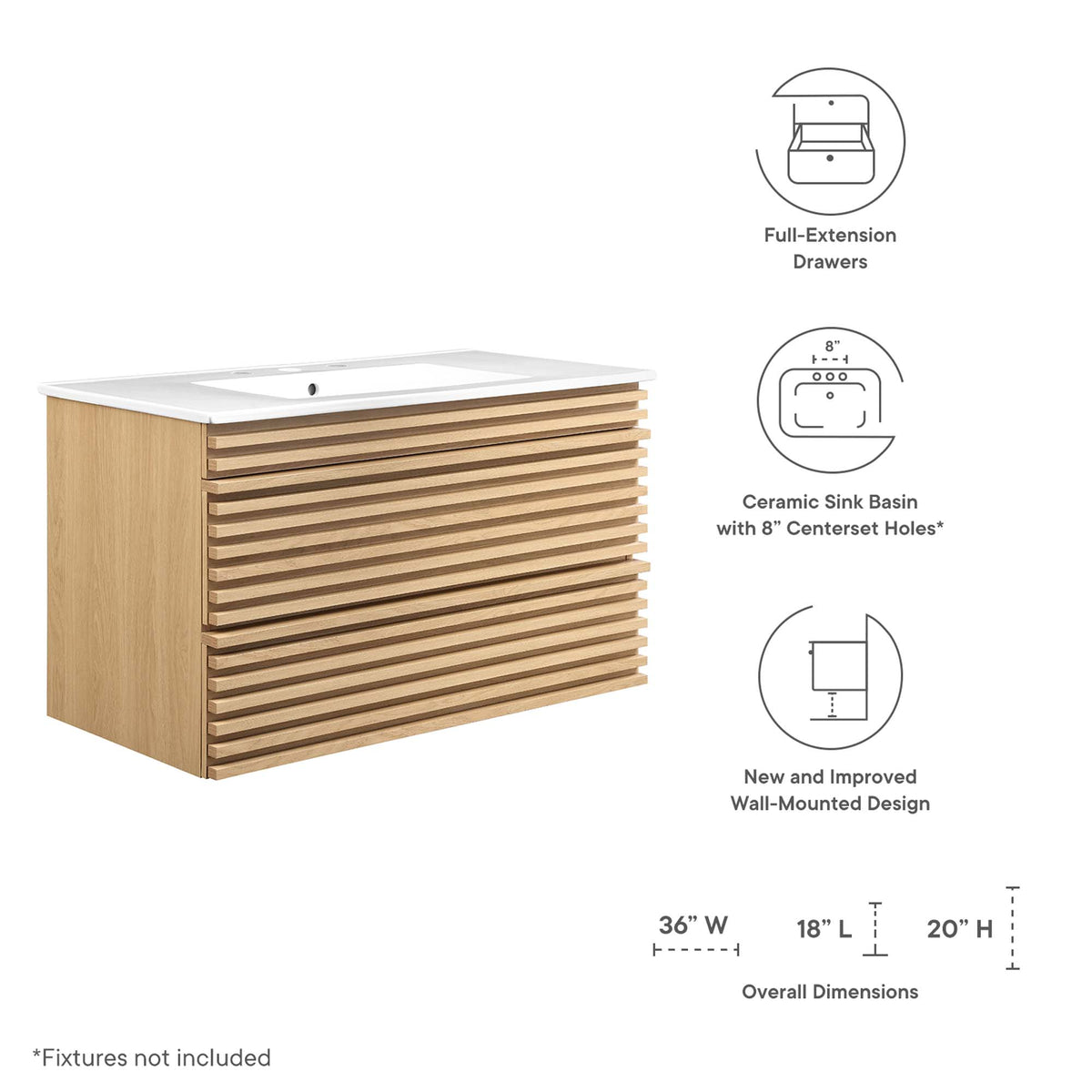 Render Oak/White 36" Wall-Mount Bathroom Vanity - Ornate Home