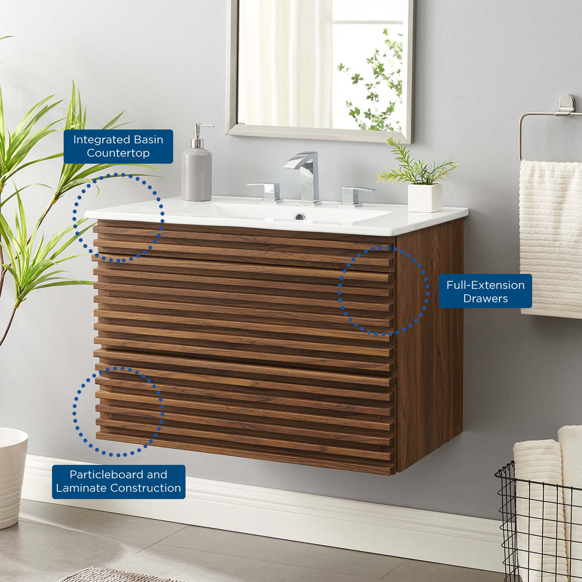 Render Walnut/White 30" Wall-Mount Bathroom Vanity - Ornate Home