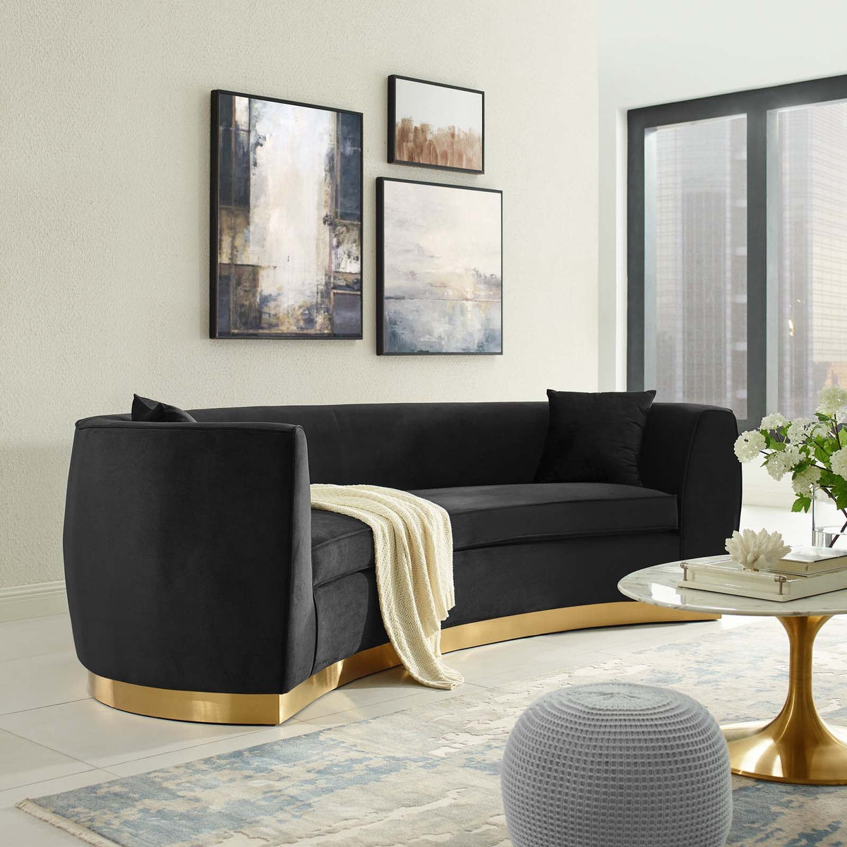 Resolute Black Curved Performance Velvet Sofa - Ornate Home
