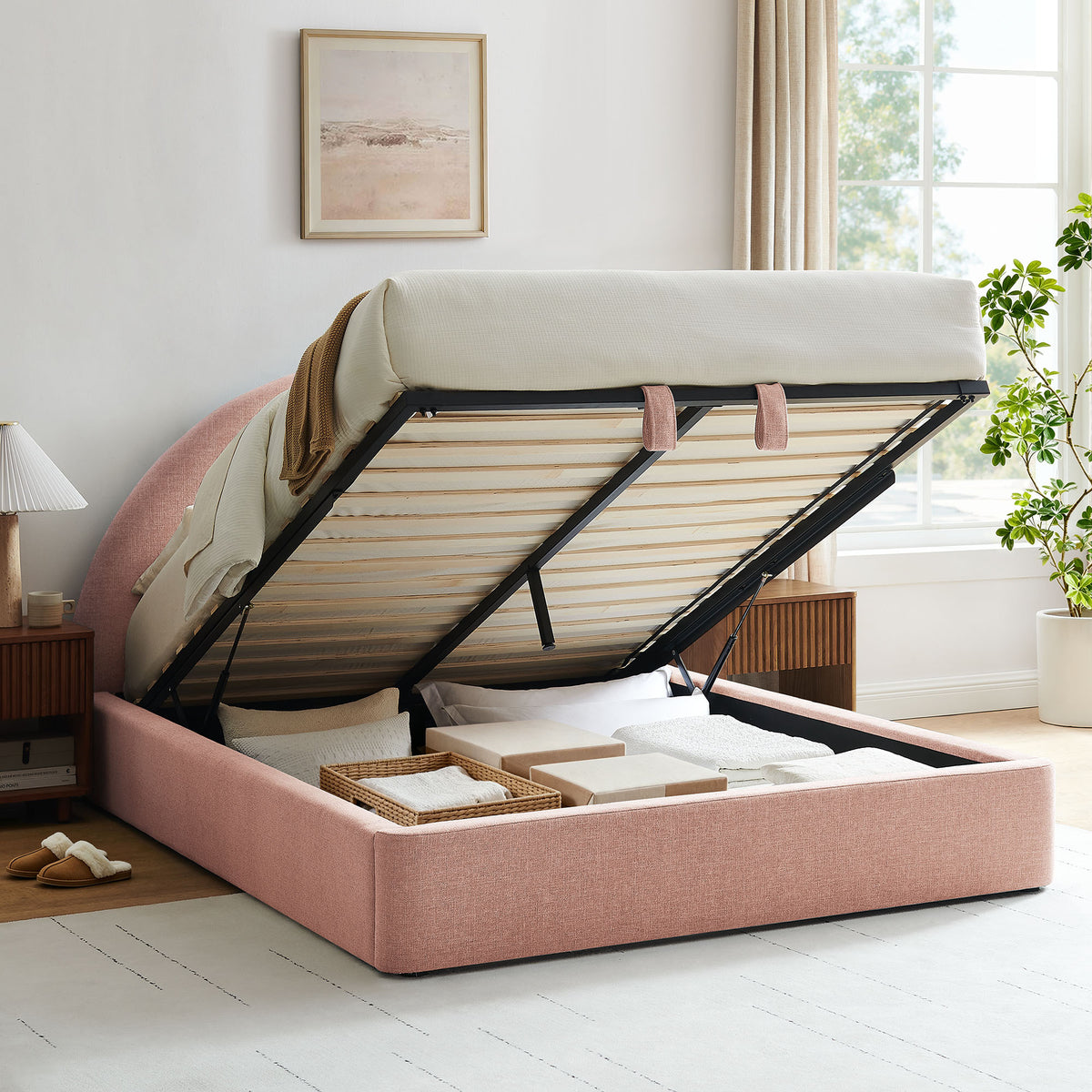 Resort Blush King Arched Upholstered Fabric Storage Platform Bed Frame - Ornate Home