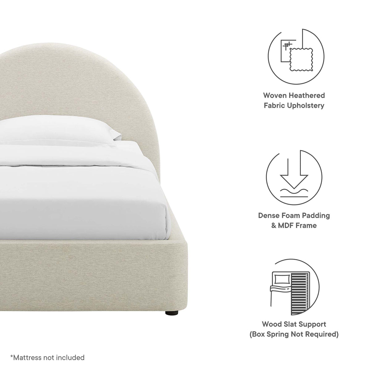 Resort Heathered Weave Ivory Upholstered Fabric Arched Round Twin Platform Bed - Ornate Home