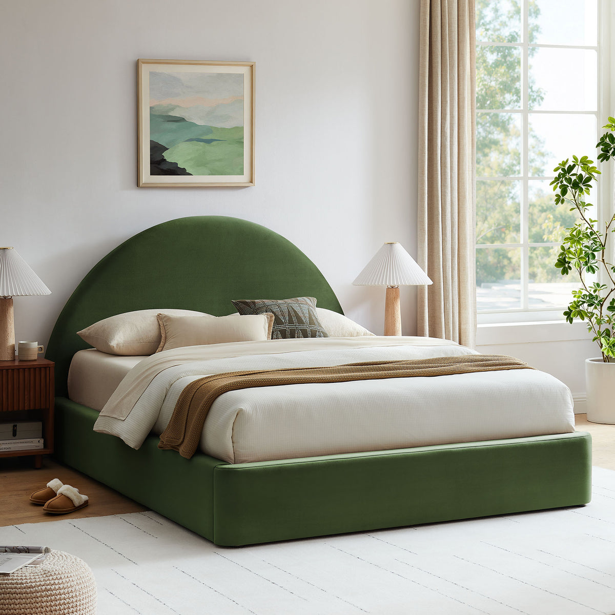 Resort Moss Green Queen Arched Performance Velvet Storage Platform Bed Frame - Ornate Home