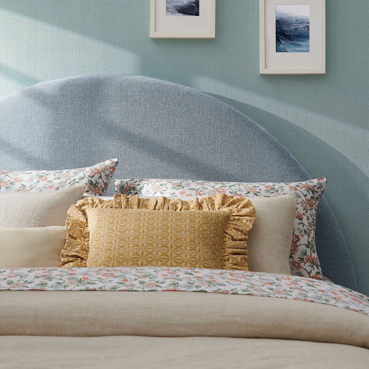 Resort Sky Blue Queen Woven Upholstered Fabric Arched Headboard