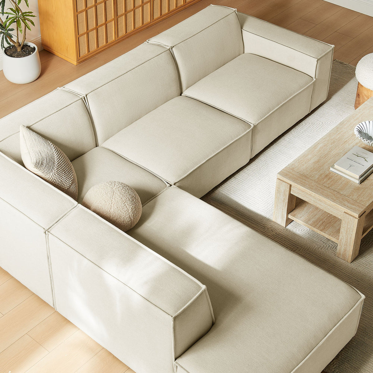 Restore Ecru 4-Piece Performance Fabric Upholstered Modular L-Shaped Sofa - 96.5x117.3" - Ornate Home