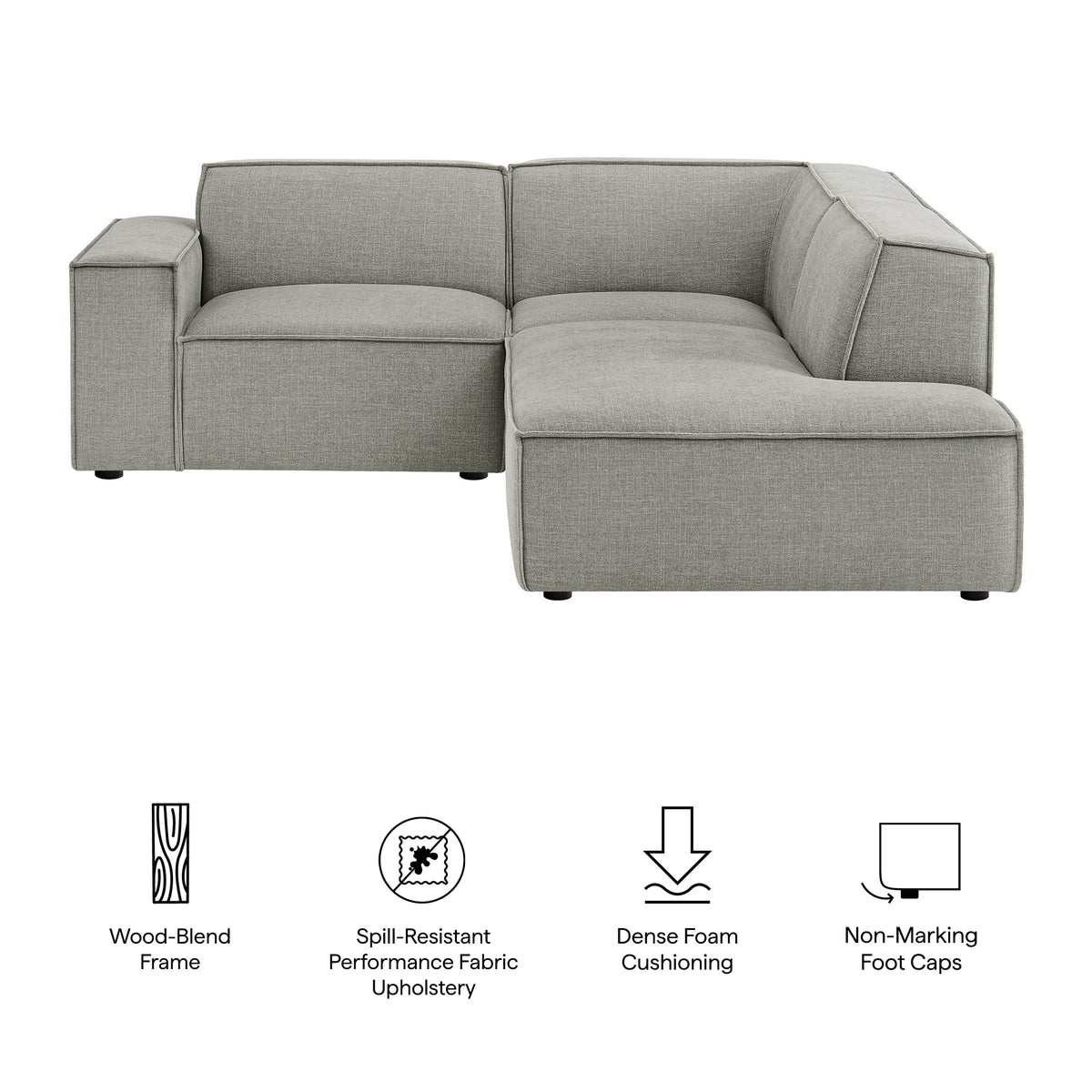 Restore Pewter 3-Piece Performance Fabric Upholstered Modular L-Shaped Sectional Sofa - 82.3x96.6" - Ornate Home