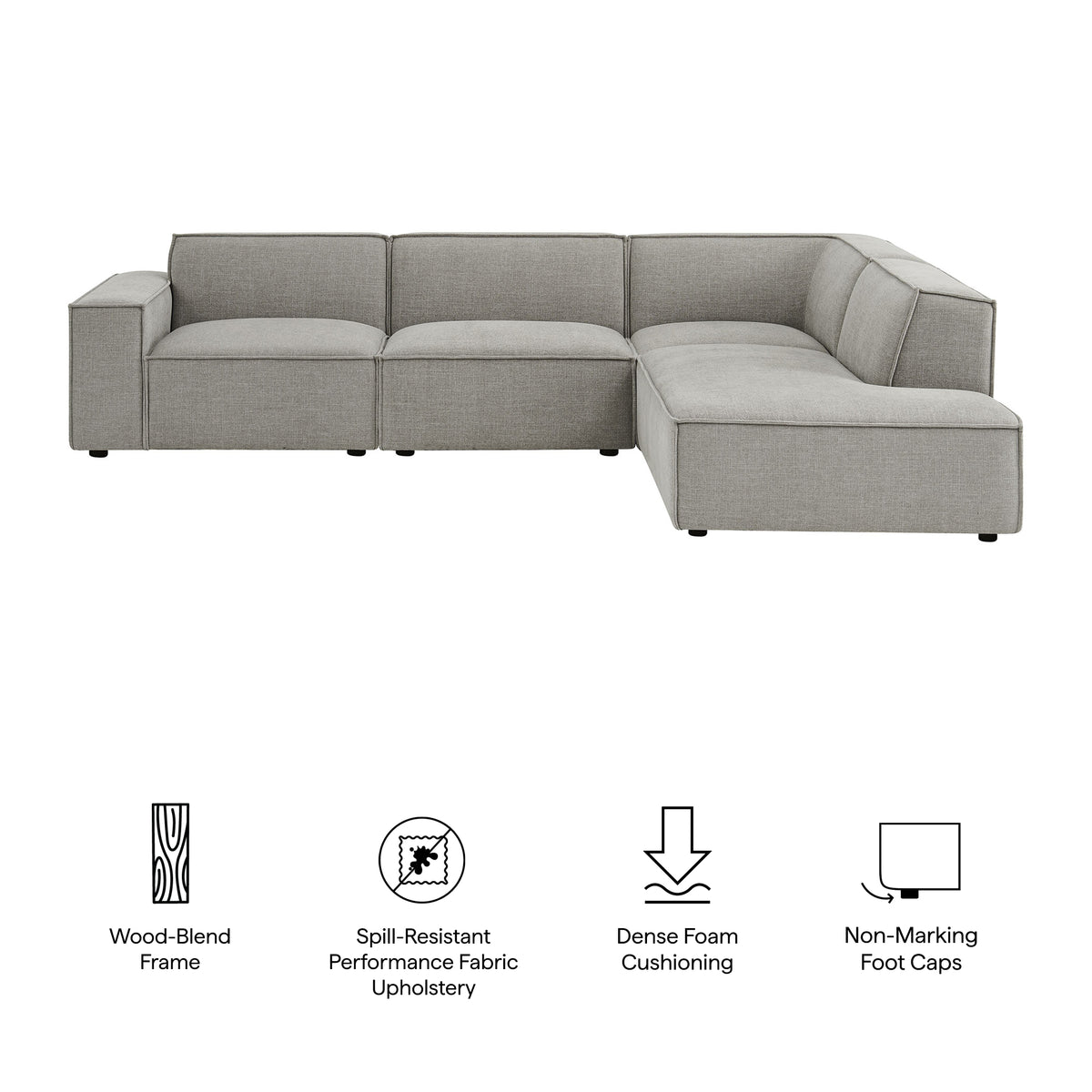 Restore Pewter 4-Piece Performance Fabric Upholstered Modular L-Shaped Sofa - 96.5x117.3x28" - Ornate Home