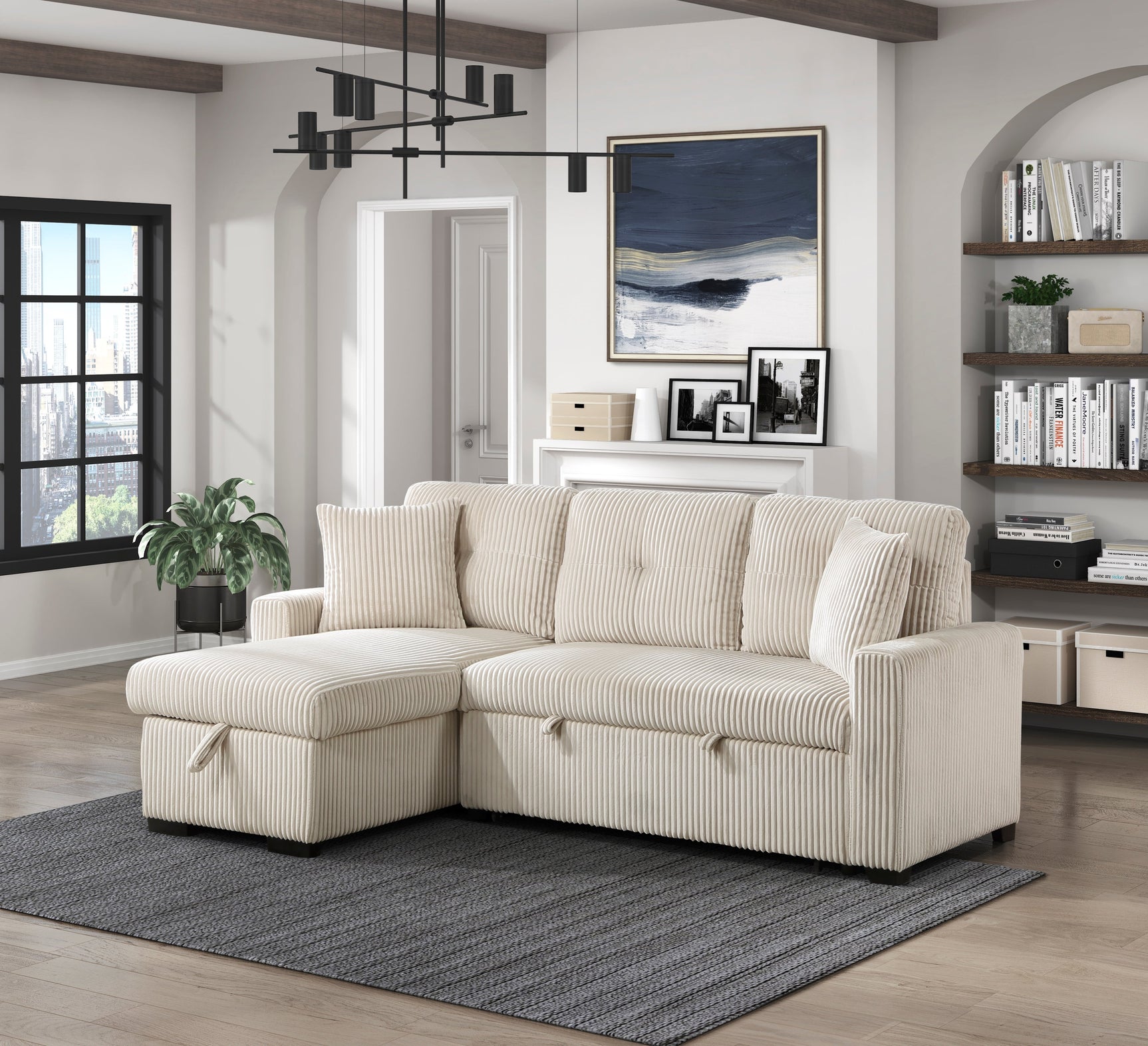 Rhett Beige 3-Piece Reversible Sectional with Pull-Out Bed - Ornate Home