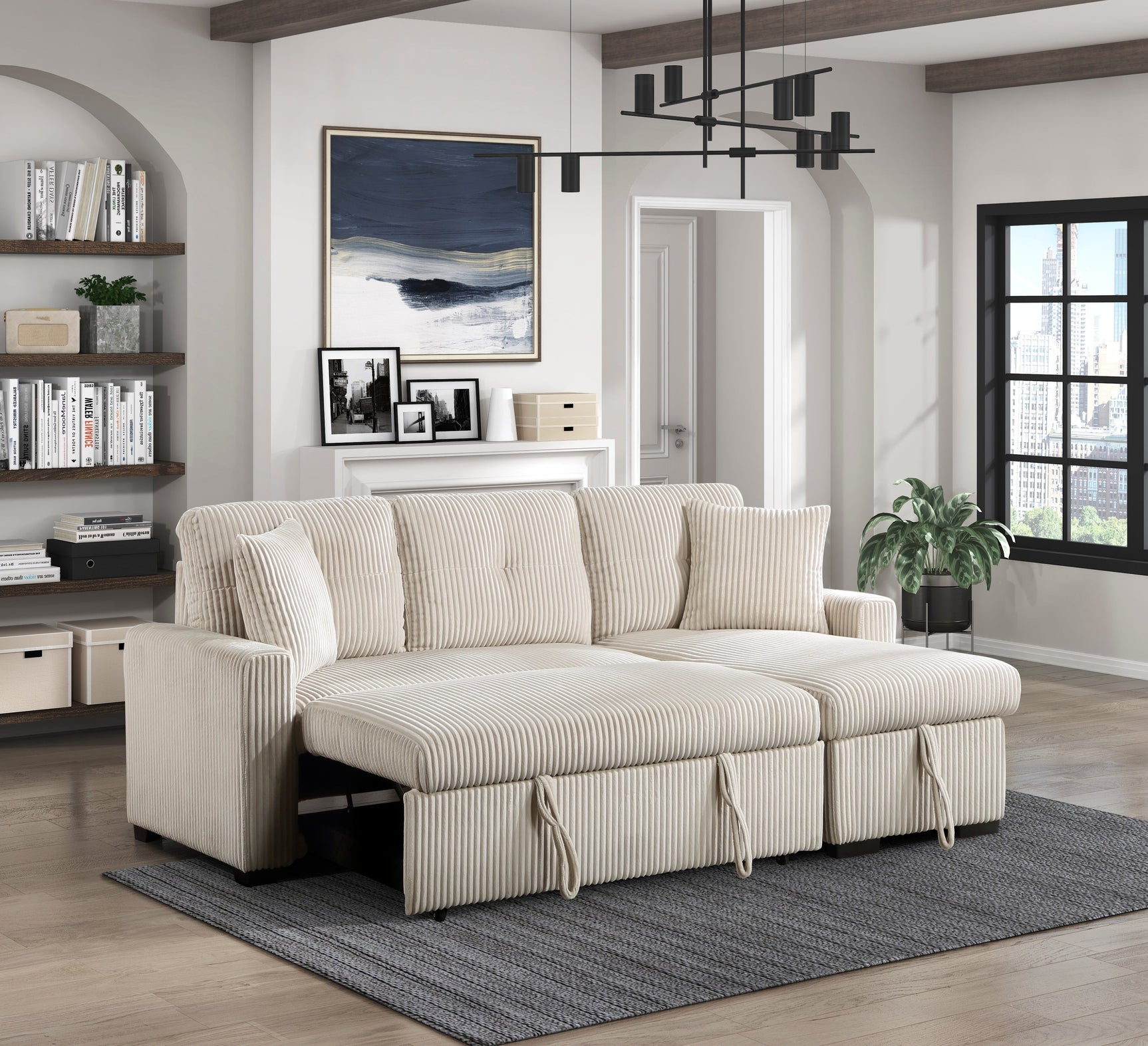Rhett Beige 3-Piece Reversible Sectional with Pull-Out Bed - Ornate Home